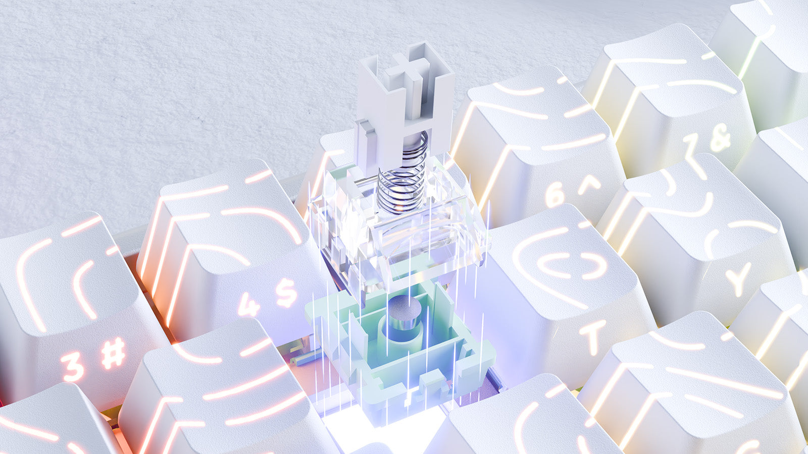 A close-up, exploded diagram of a transparent mechanical keyboard switch, showing its internal spring and components, hovering over a white keyboard with glowing keycaps