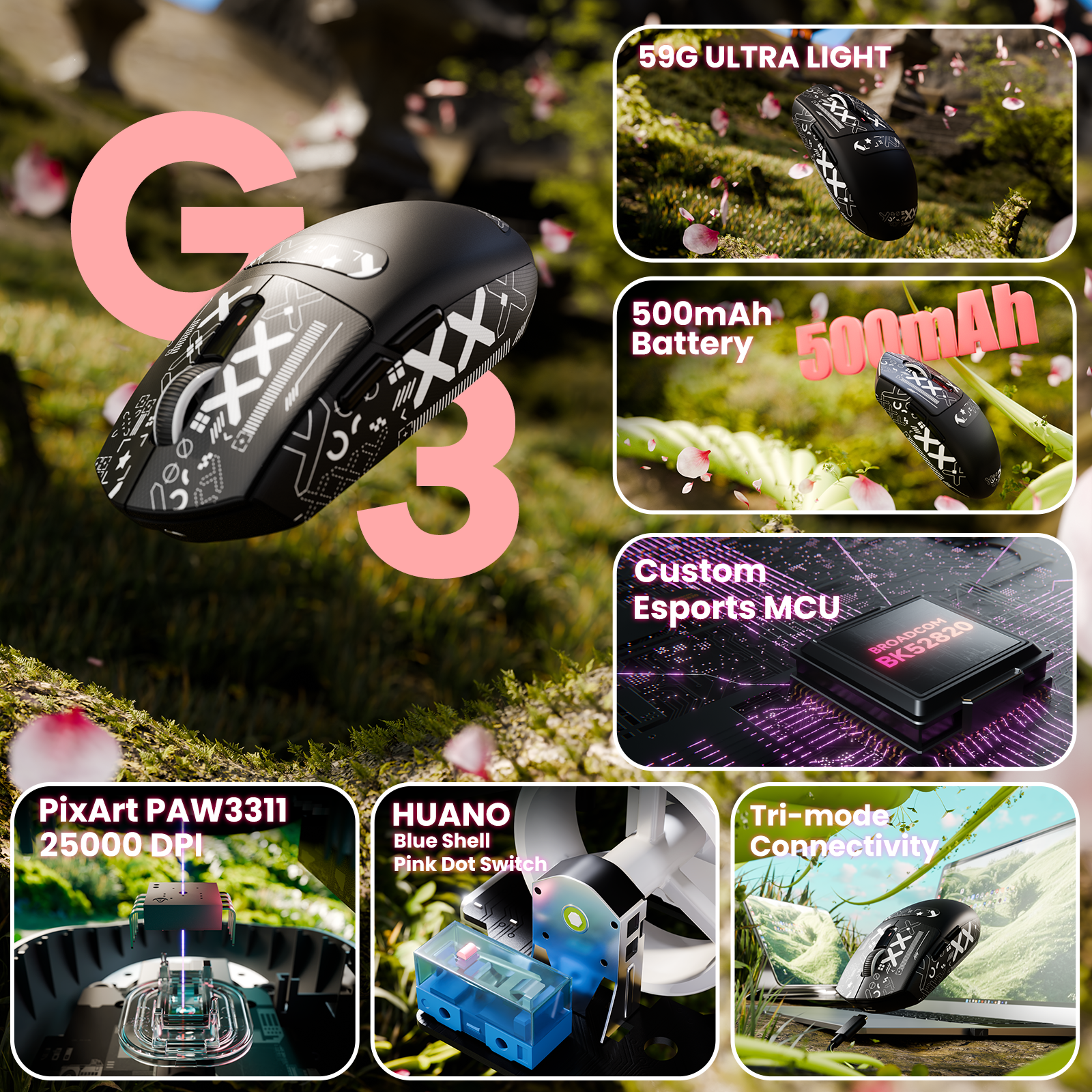 ATTACK SHARK G3 Tri-mode Bezprzewodowa mysz do gier 25000 DPI Ultra lekka