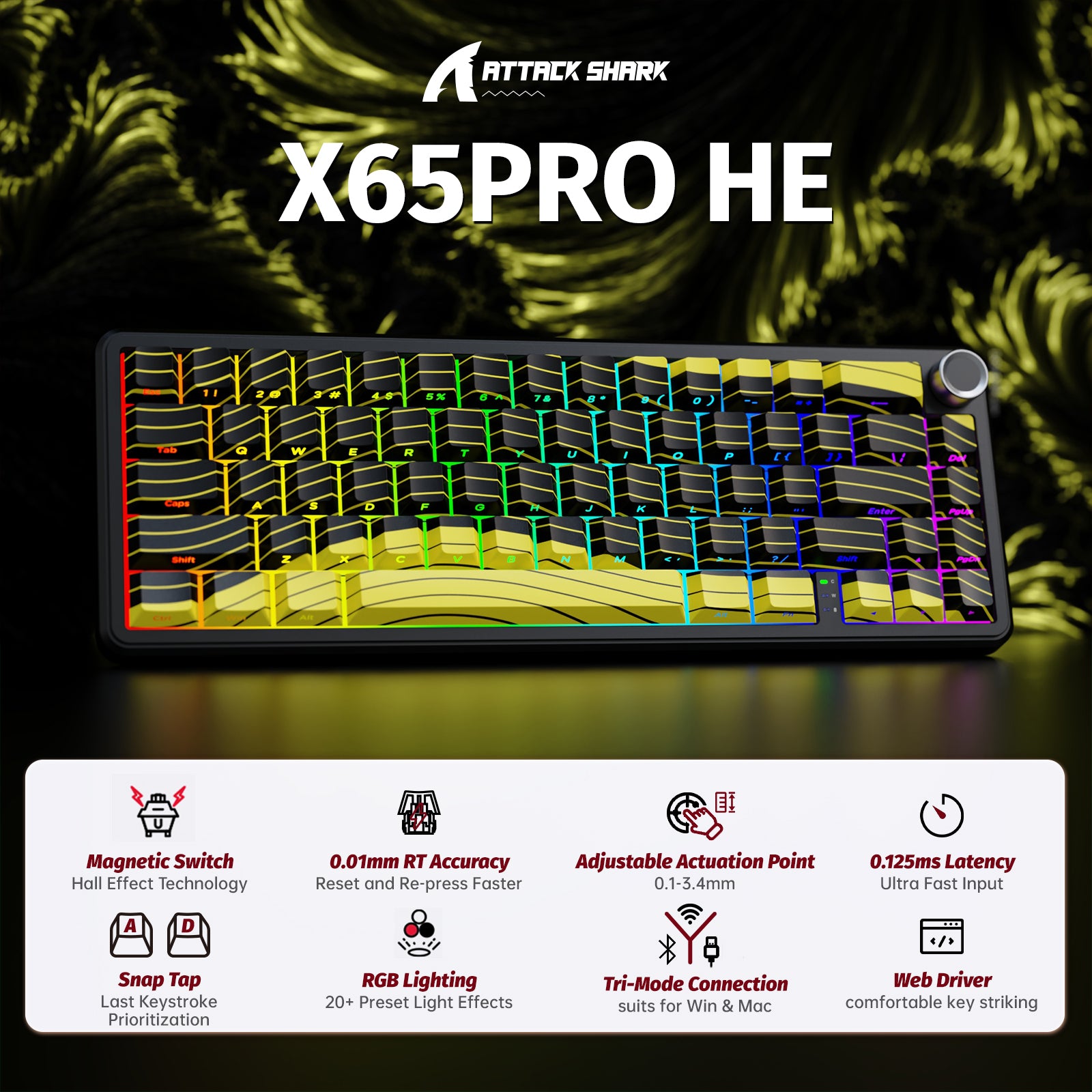 ATTACK SHARK X65PRO HE Bezprzewodowa Klawiatura z Magnetycznym Przełącznikiem Rapid Trigger