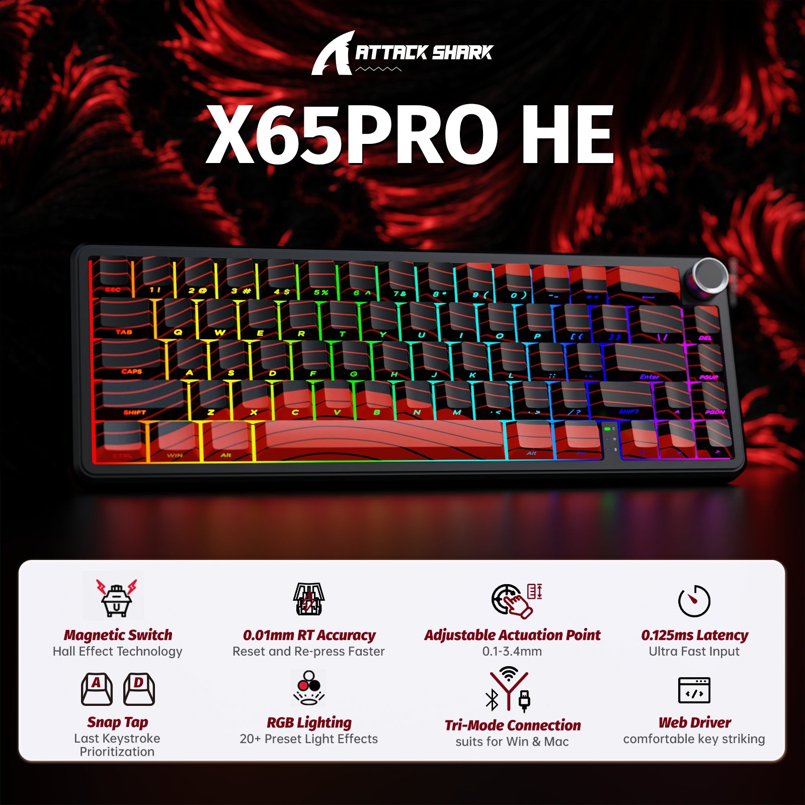 ATTACK SHARK X65PRO HE Bezprzewodowa Klawiatura z Magnetycznym Przełącznikiem Rapid Trigger