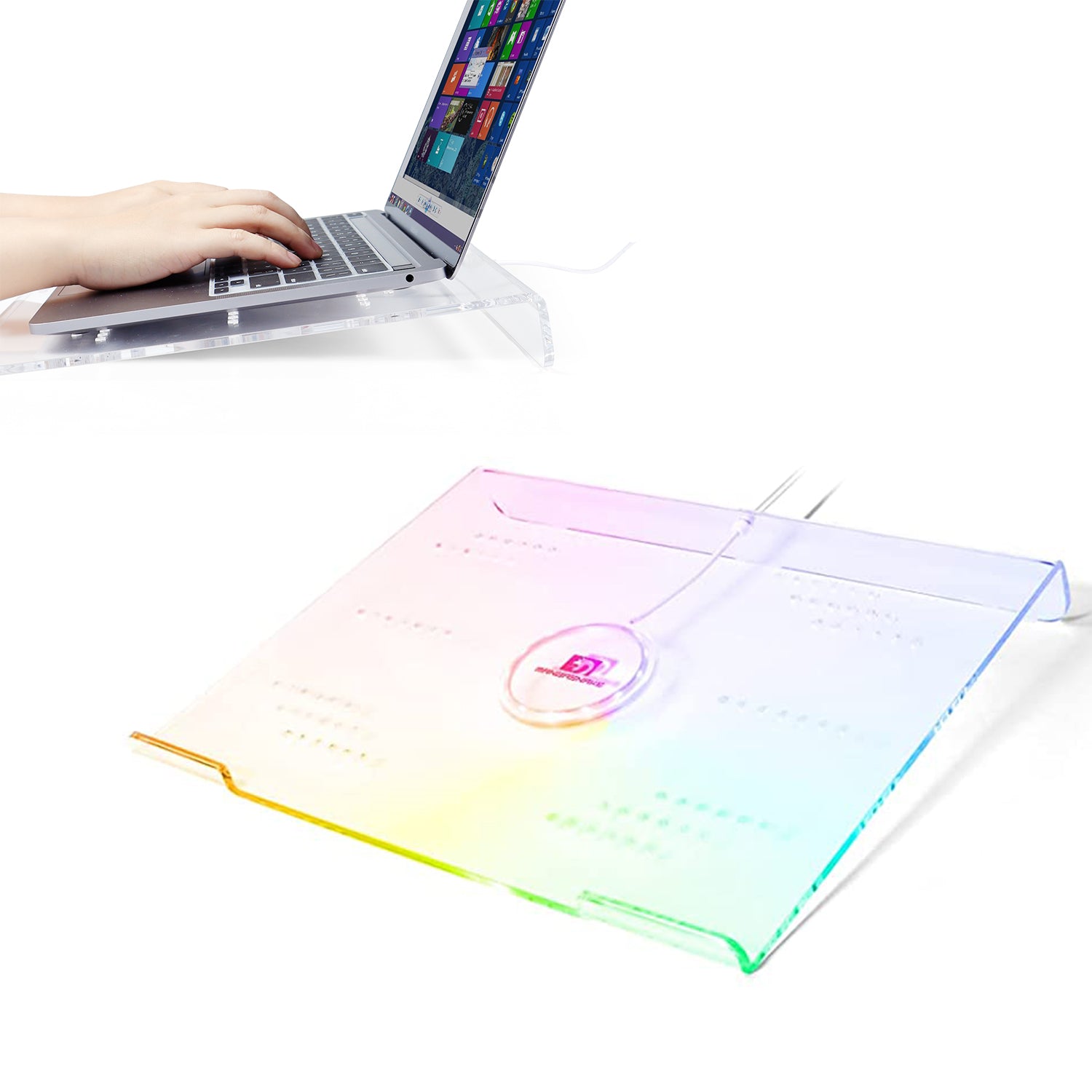 Clear acrylic laptop riser with RGB lighting and ventilation holes