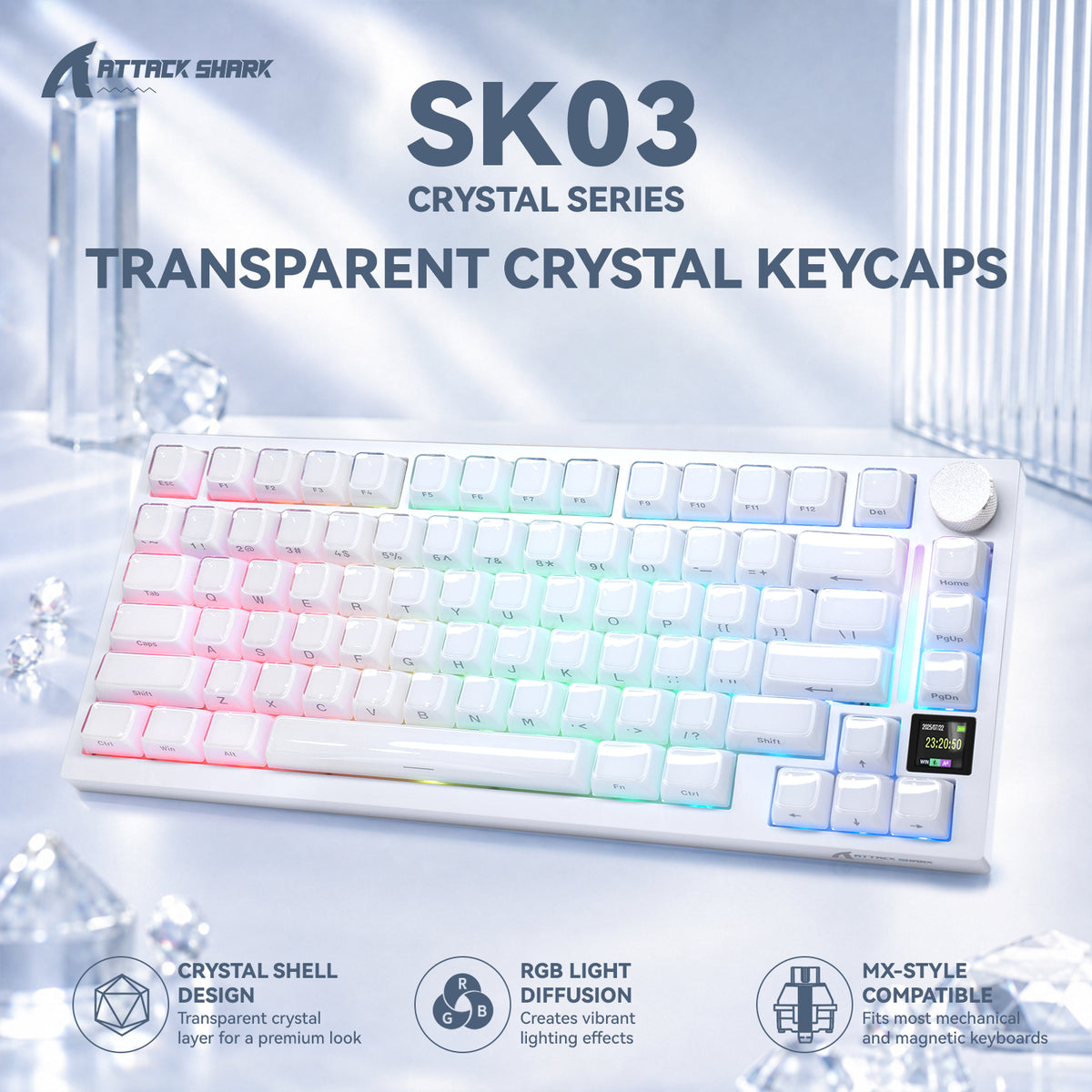 ATTACK SHARK SK03, 136 klawiszy, kryształowe nasadki klawiszy, profil ASA, ANSI/ISO