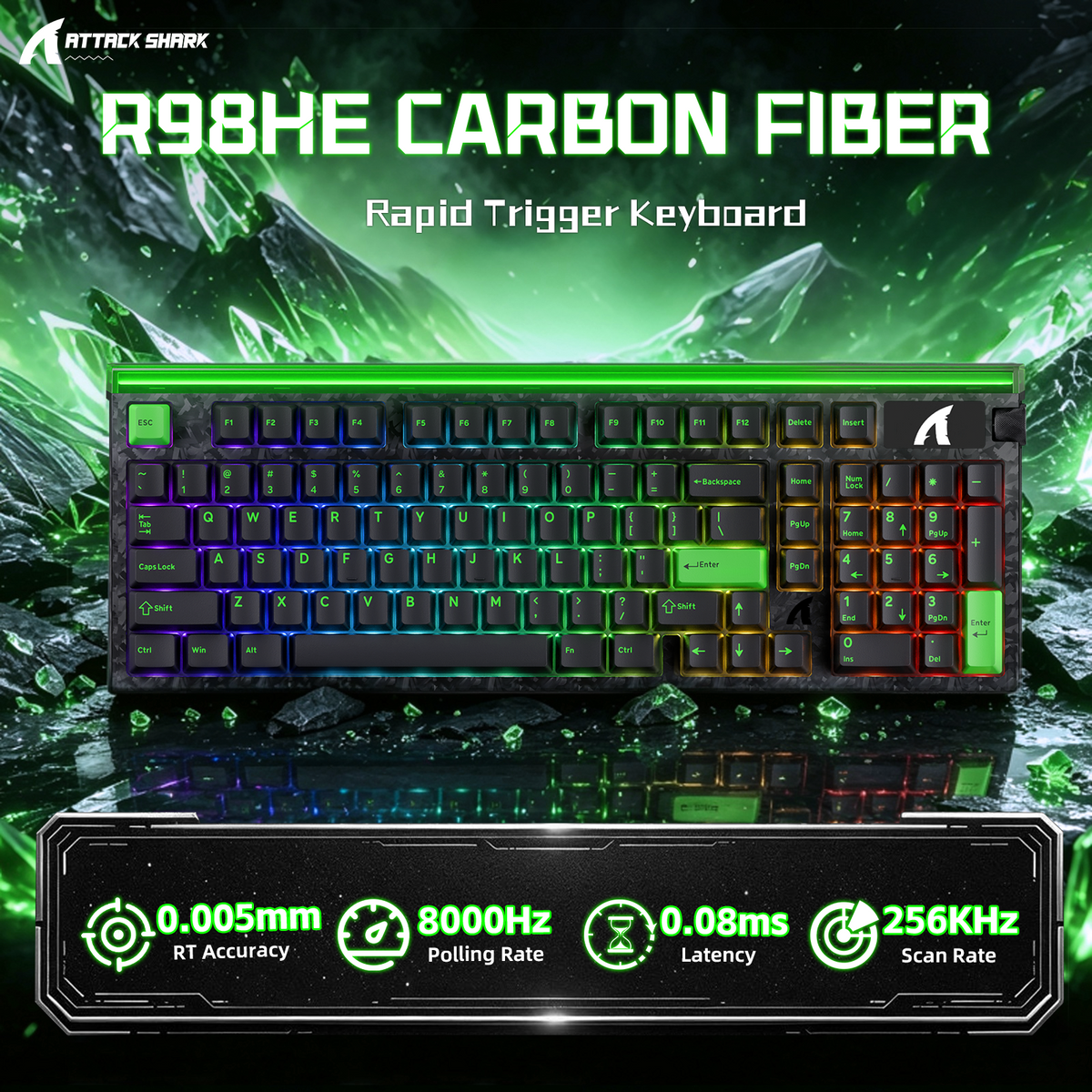 Klawiatura przewodowa ATTACK SHARK R98 HE z włókna węglowego, szybkim spustem, magnetycznym przełącznikiem oraz kablem Ultra RGB C01 w oplocie spiralnym