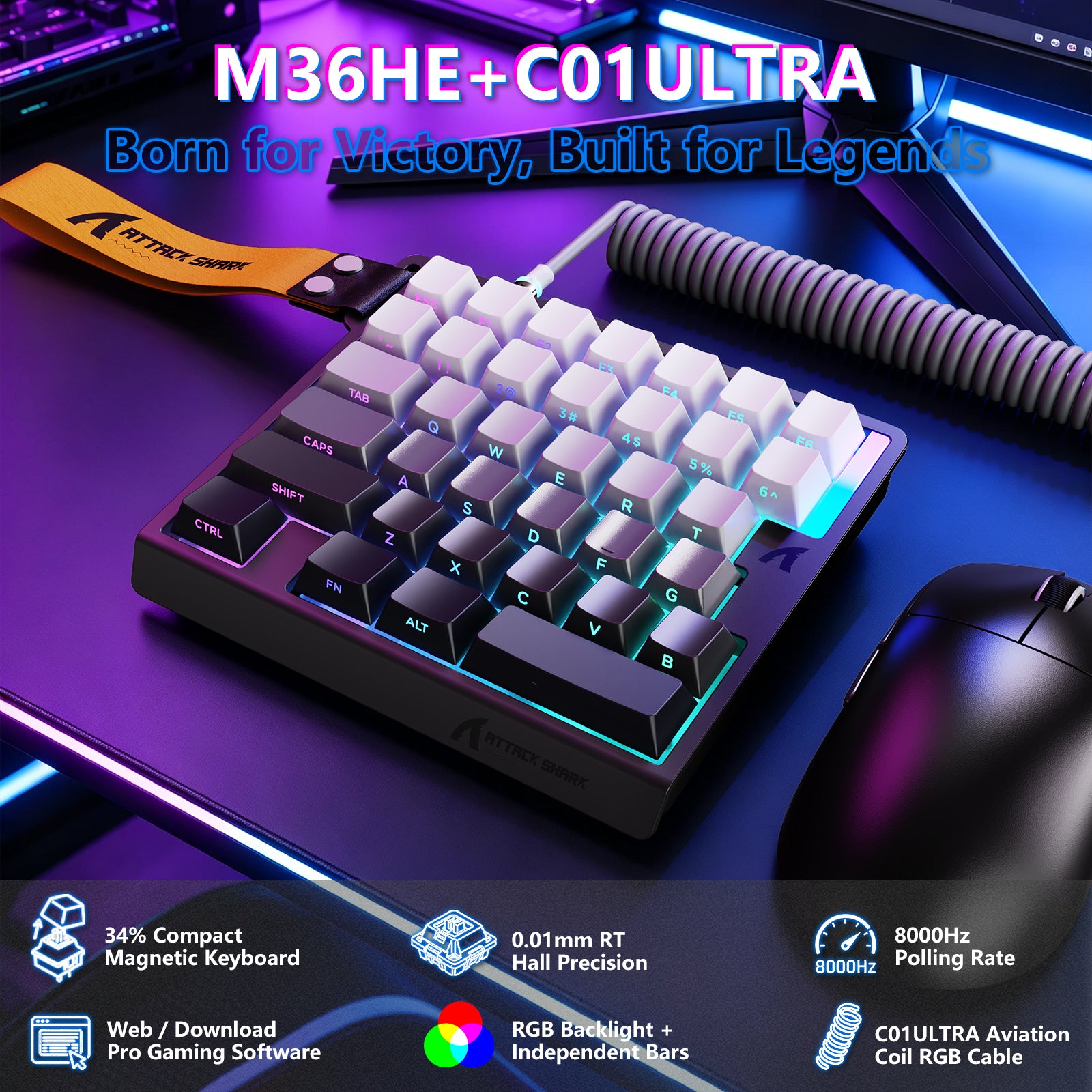 ATTACK SHARK M36 HE Jednoręczna klawiatura z magnetycznym przełącznikiem & C01 ULTRA LED Aviator Cable