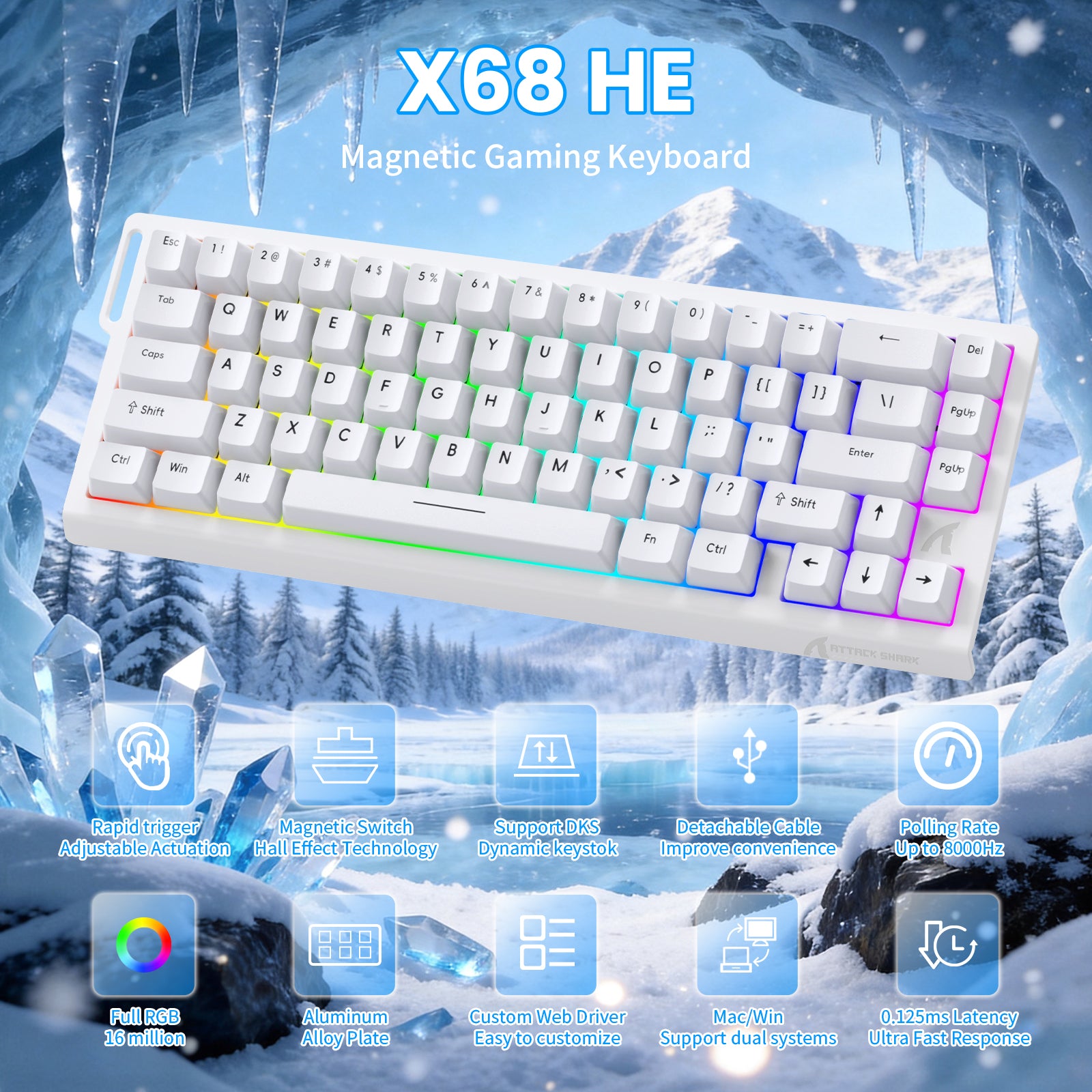 ATTACK SHARK X68 HE Klawiatura z Magnetycznym Przełącznikiem Rapid Trigger ze Spiralnym Kablem C01PRO