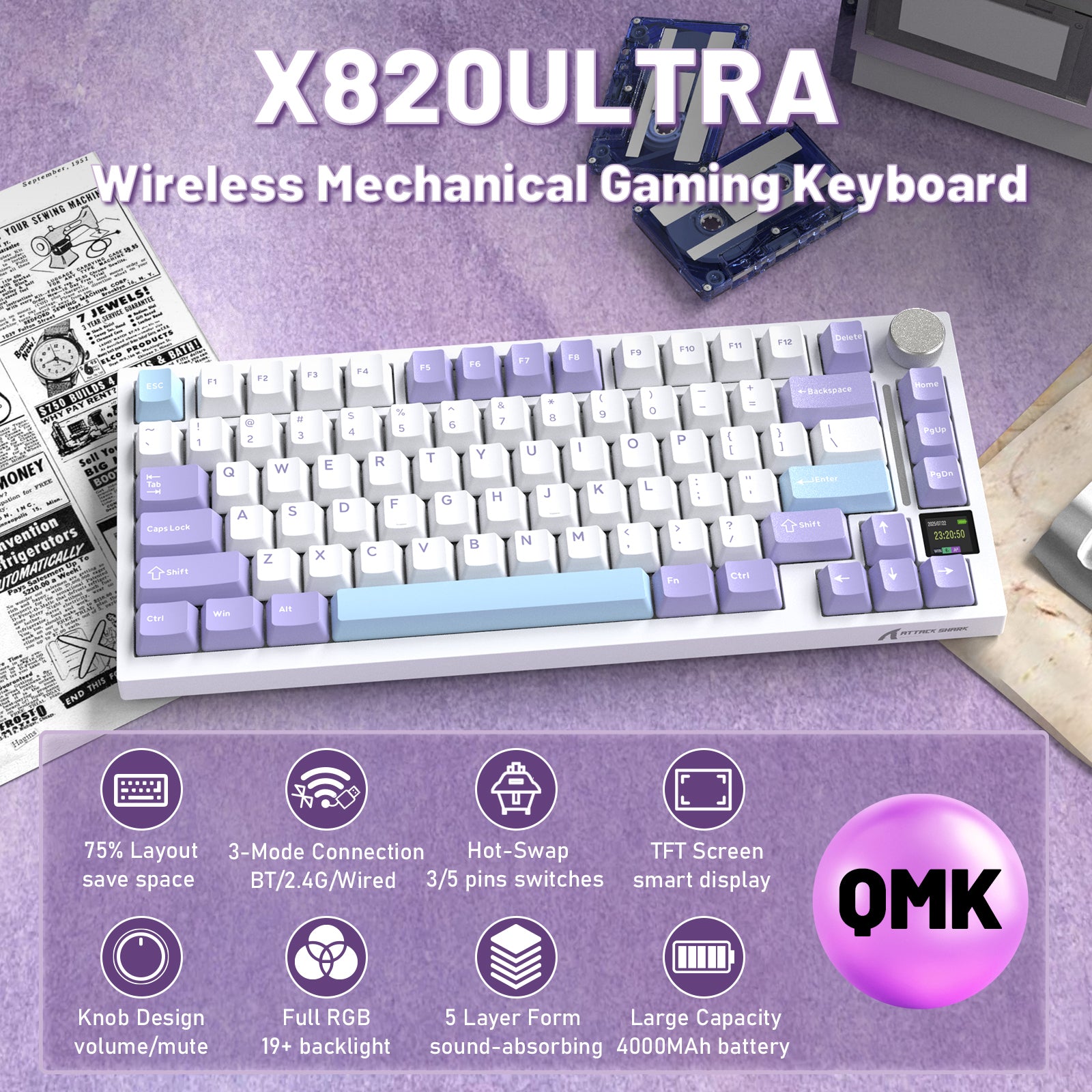 ATTACK SHARK X820ULTRA Mechaniczna klawiatura z kablem C01ULTRA w oplocie
