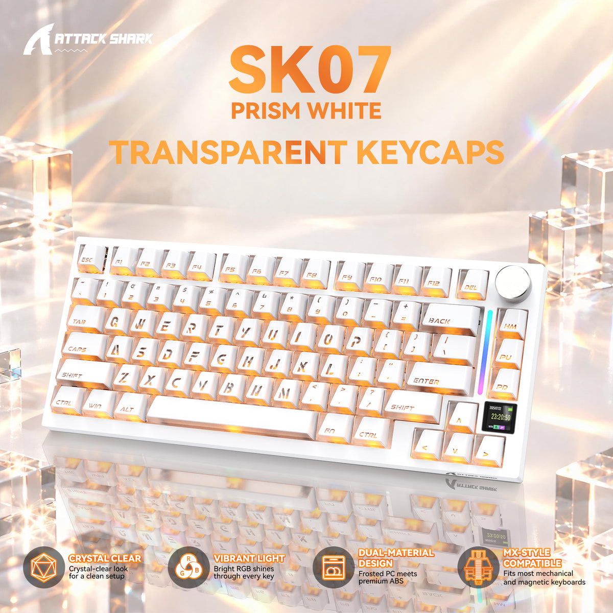 ATTACK SHARK SK07, 131 klawiszy, nakładki klawiszowe Prism z prześwitem, ANSI, białe