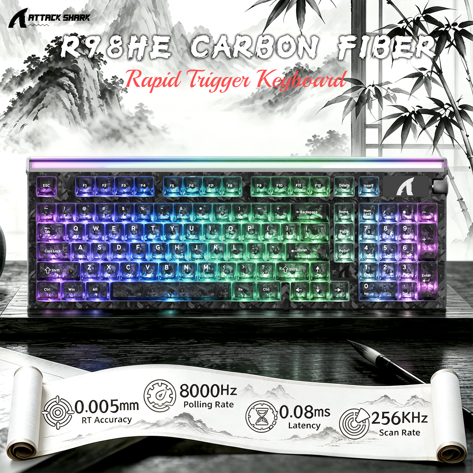 Klawiatura przewodowa ATTACK SHARK R98 HE z włókna węglowego, szybkim spustem, magnetycznym przełącznikiem oraz kablem Ultra RGB C01 w oplocie spiralnym