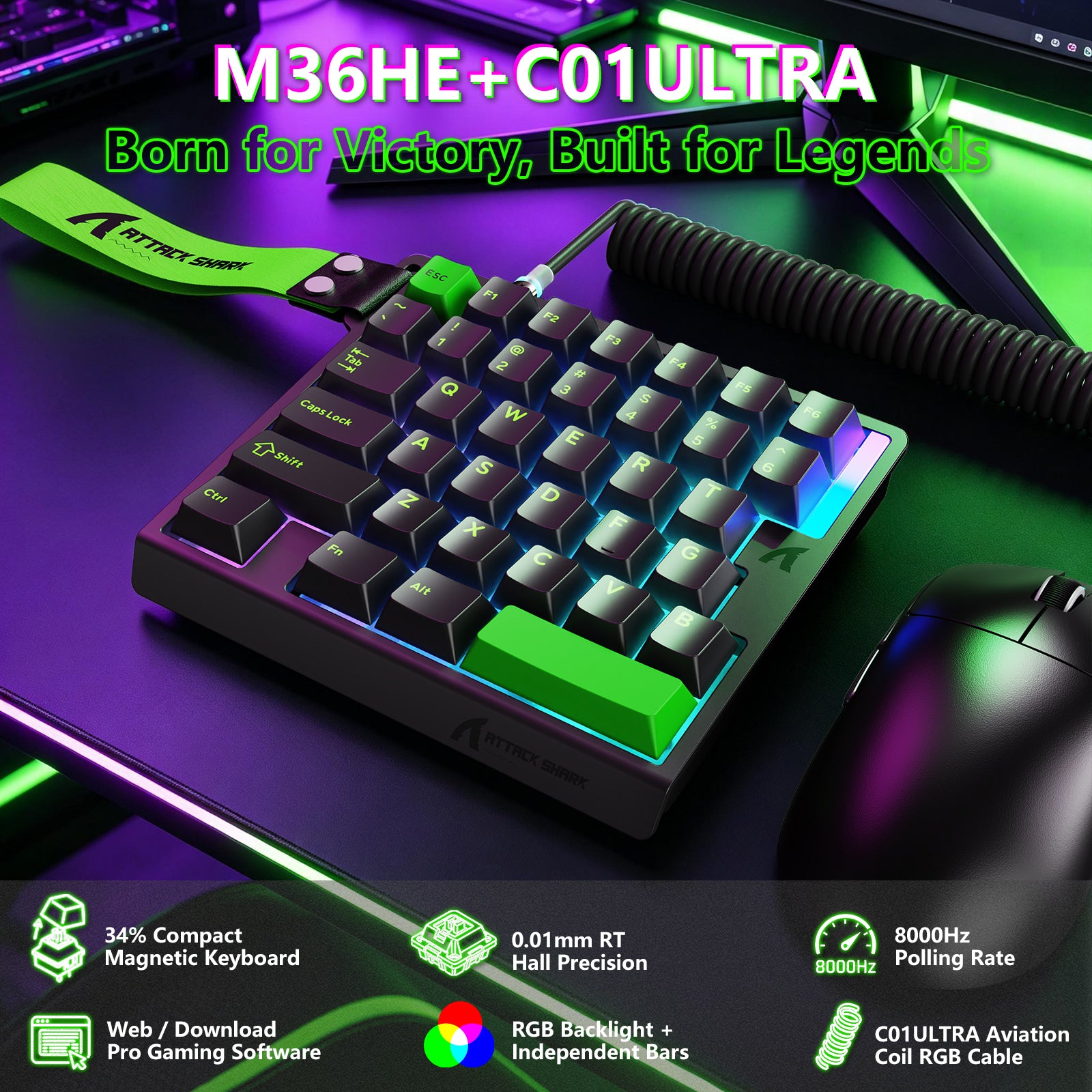 ATTACK SHARK M36 HE Jednoręczna klawiatura z magnetycznym przełącznikiem & C01 ULTRA LED Aviator Cable