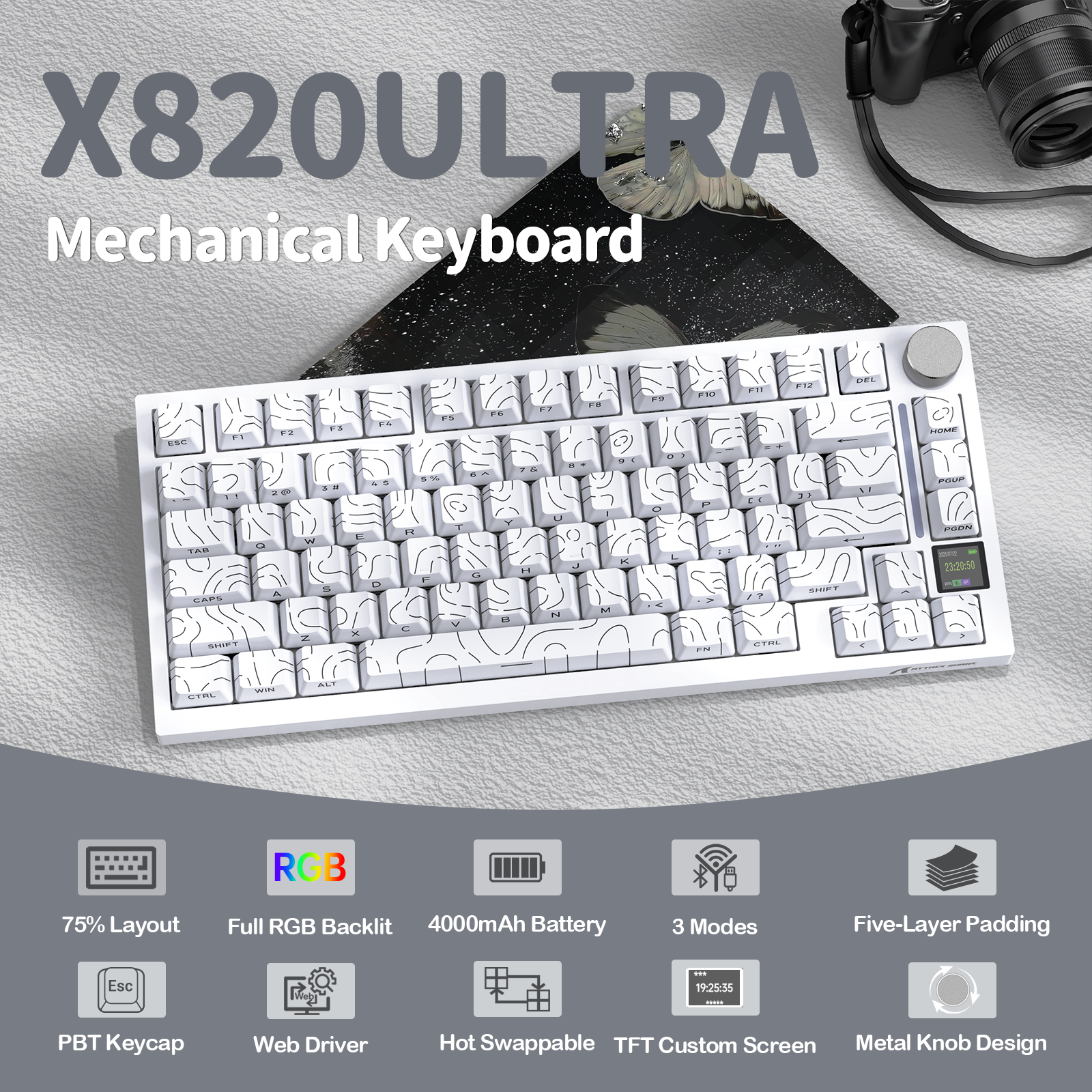 ATTACK SHARK X820Ultra Tri-mode Mechaniczna klawiatura z uszczelką