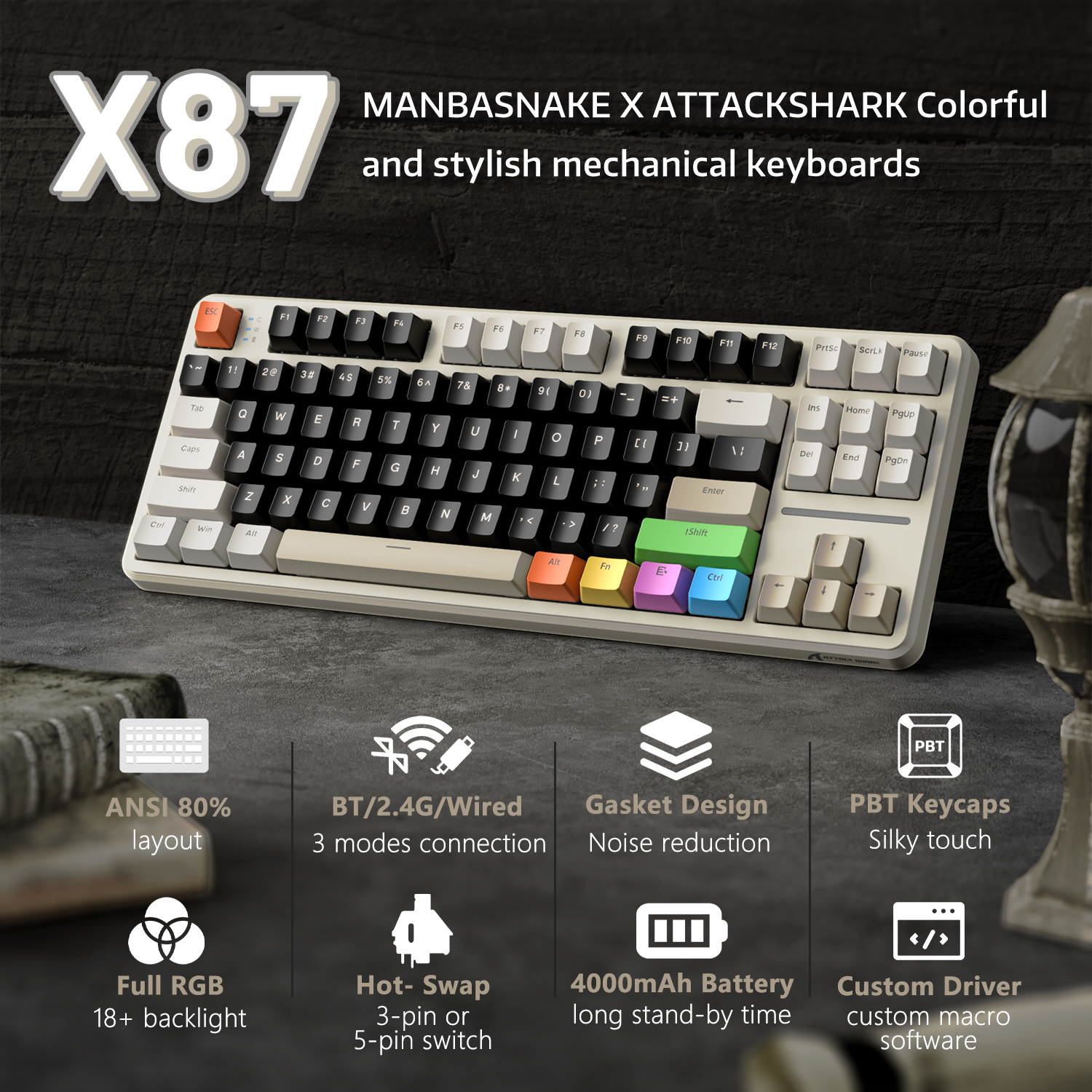 ATTACK SHARK X87 Tri-mode Mechaniczna Klawiatura z Uszczelką