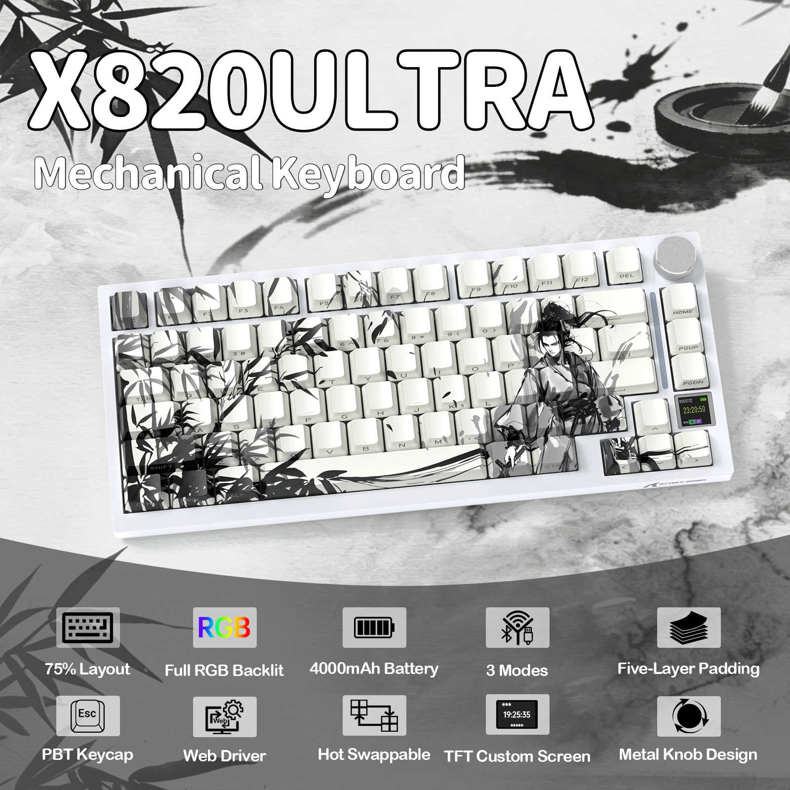 ATTACK SHARK X820Ultra Tri-mode Mechaniczna klawiatura z uszczelką