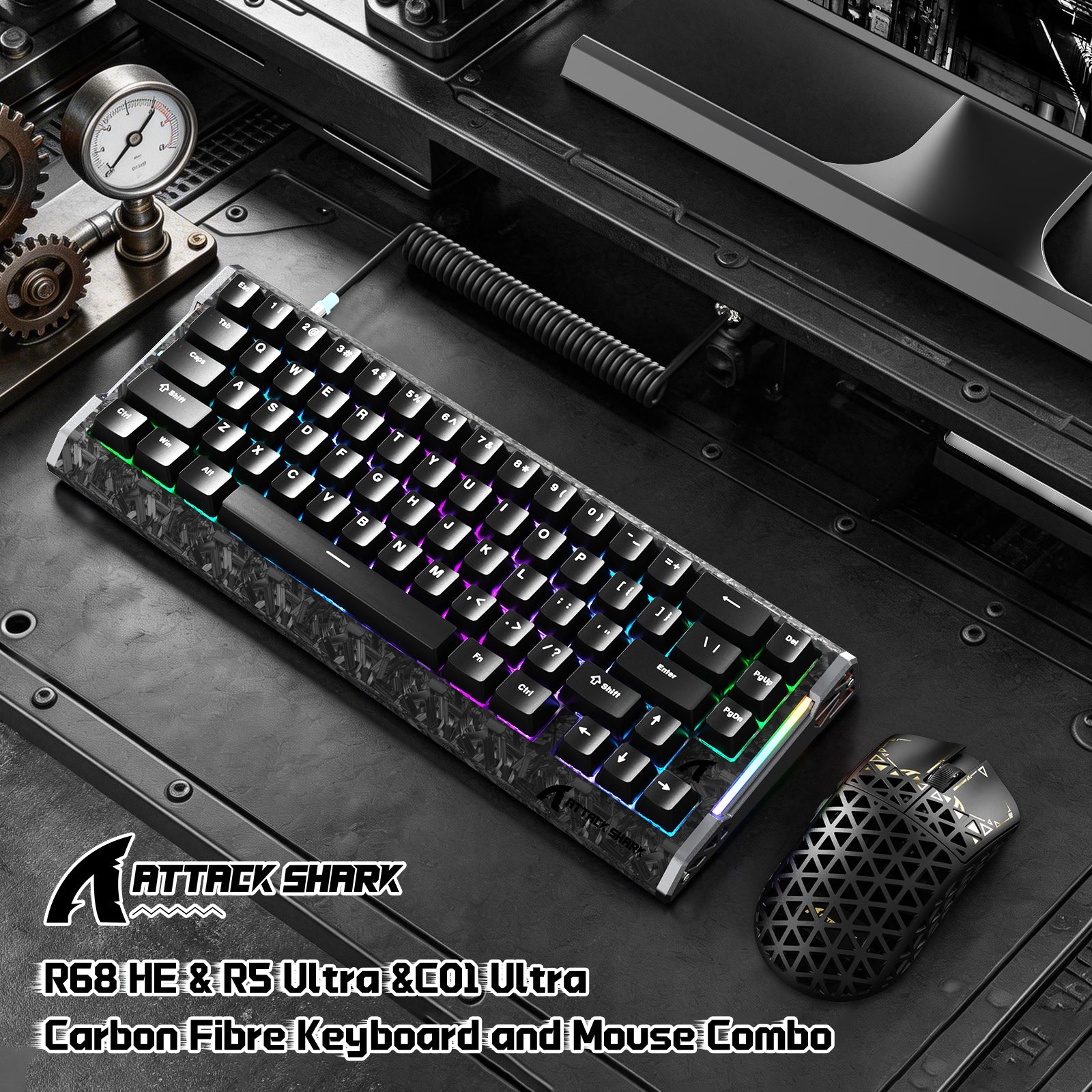 ATTACK SHARK R68 HE & R5 ULTRA Zestaw gamingowy z włókna węglowego z kablem C01 ULTRA w oplocie