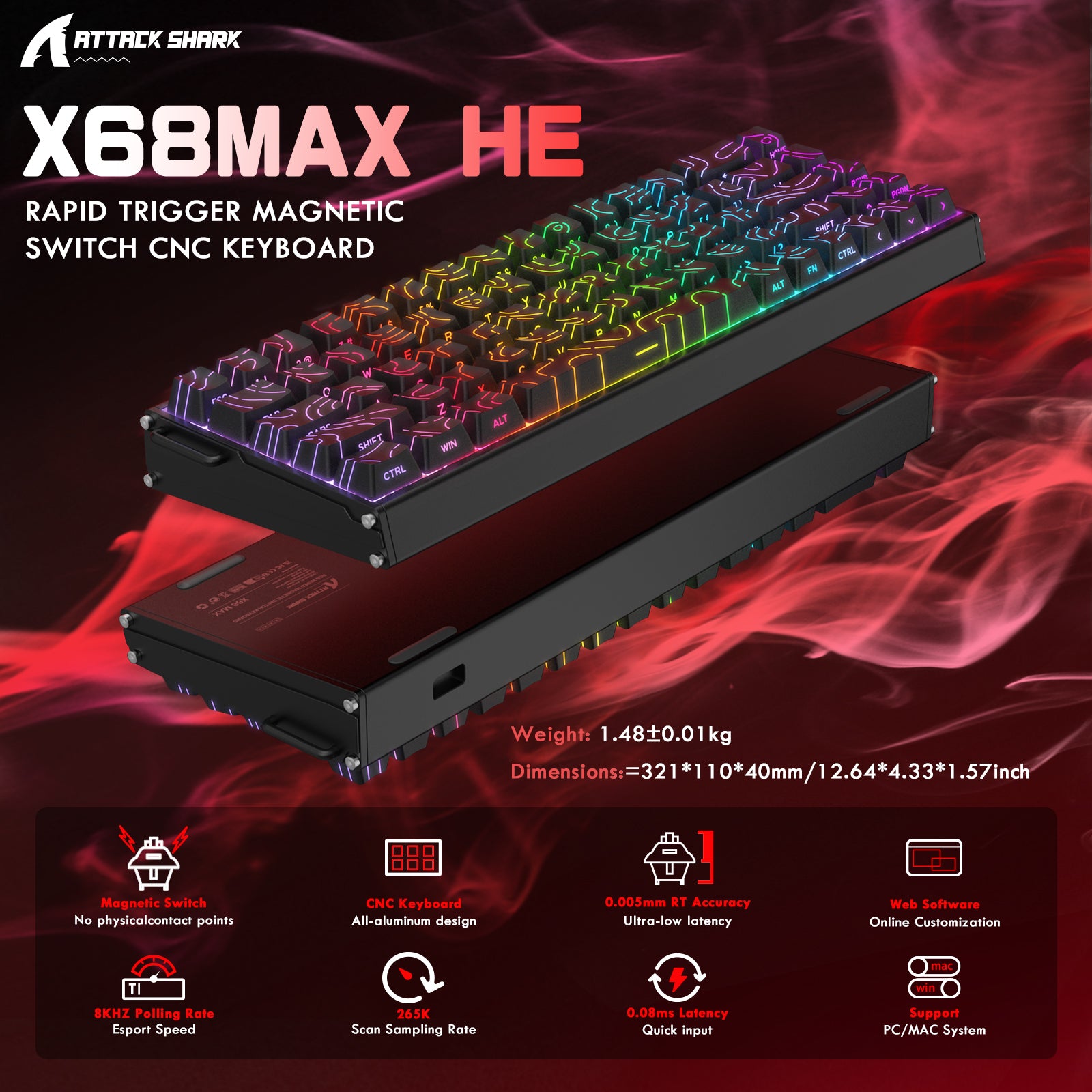 ATTACK SHARK X68MAX HE Klawiatura CNC z aluminium z szybkim wyzwalaczem i przełącznikiem magnetycznym z kablem C01Ultra RGB spiralnym