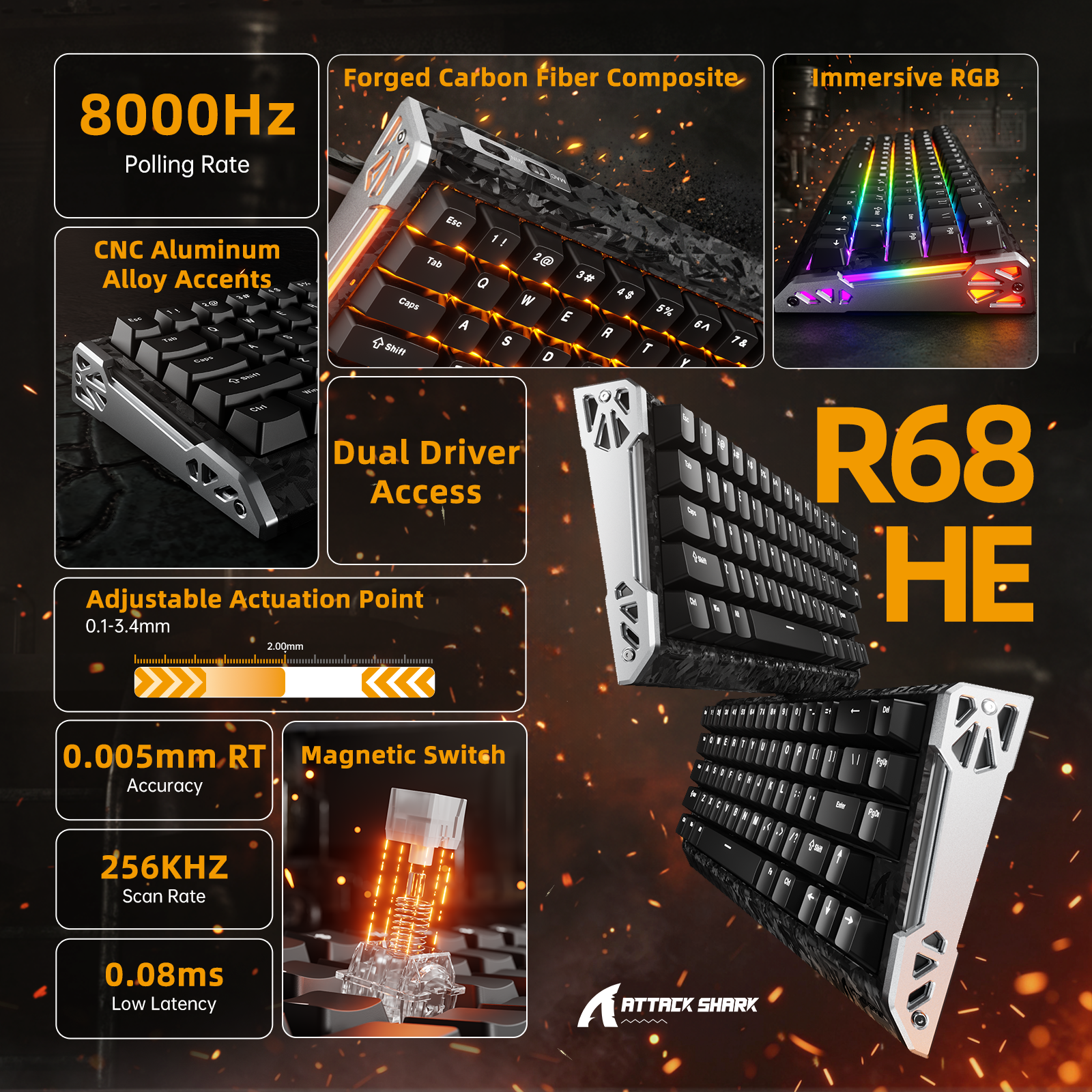 ATTACK SHARK R68 HE Carbon Fiber Rapid Trigger Klawiatura z magnetycznym przełącznikiem