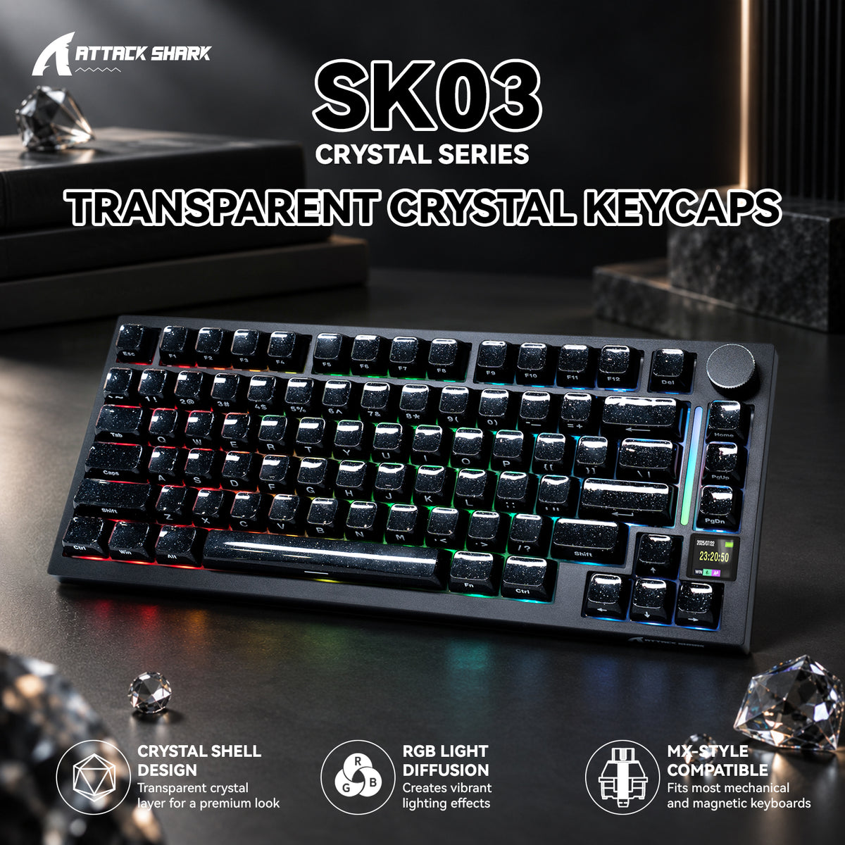 ATTACK SHARK SK03, 136 klawiszy, kryształowe nasadki klawiszy, profil ASA, ANSI/ISO