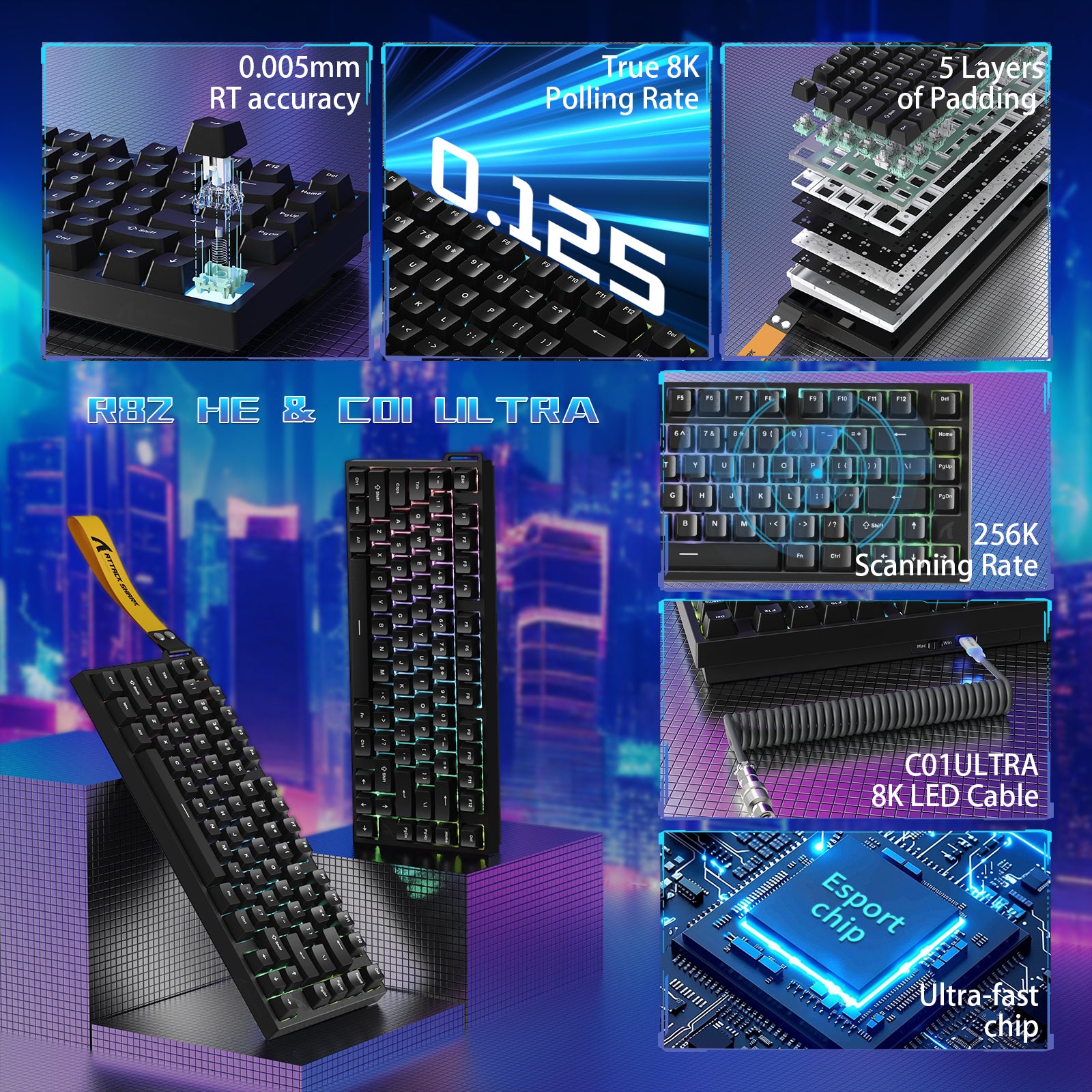 ATTACK SHARK R82 HE Przewodowa klawiatura do gier 75% z kablem LED C01ULTRA