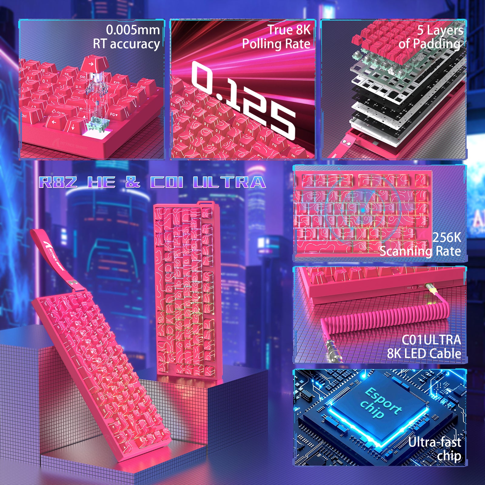 ATTACK SHARK R82 HE Przewodowa klawiatura do gier 75% z kablem LED C01ULTRA