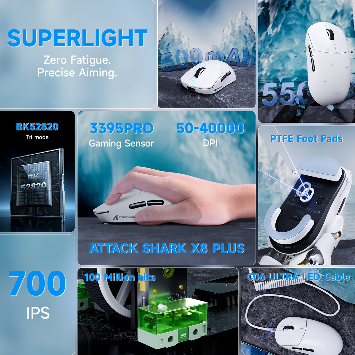 Bezprzewodowa mysz gamingowa ATTACK SHARK X8 PLUS z trzema trybami łączności i kablem C06 ULTRA