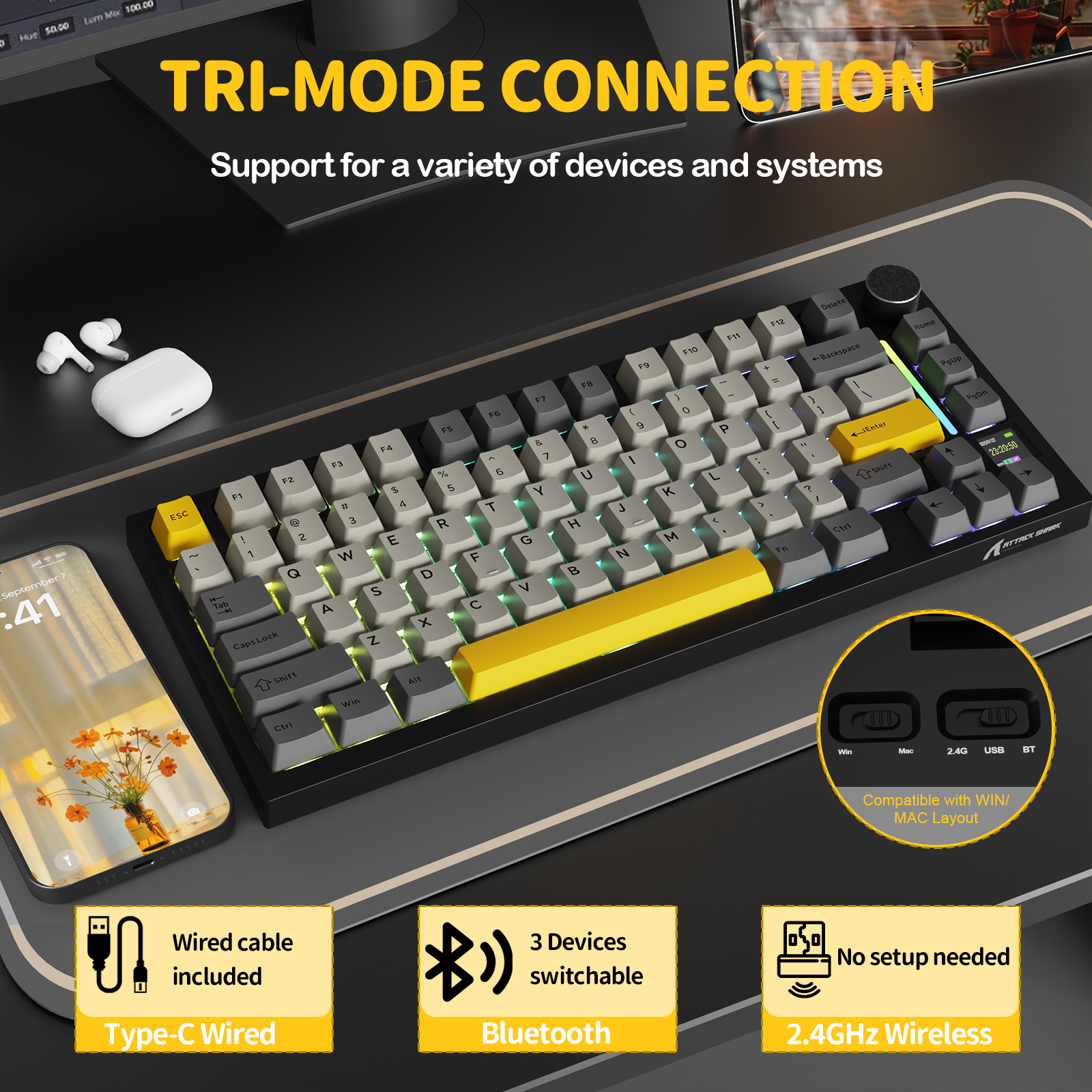 ATTACK SHARK X820Ultra Tri-mode Mechaniczna klawiatura z uszczelką