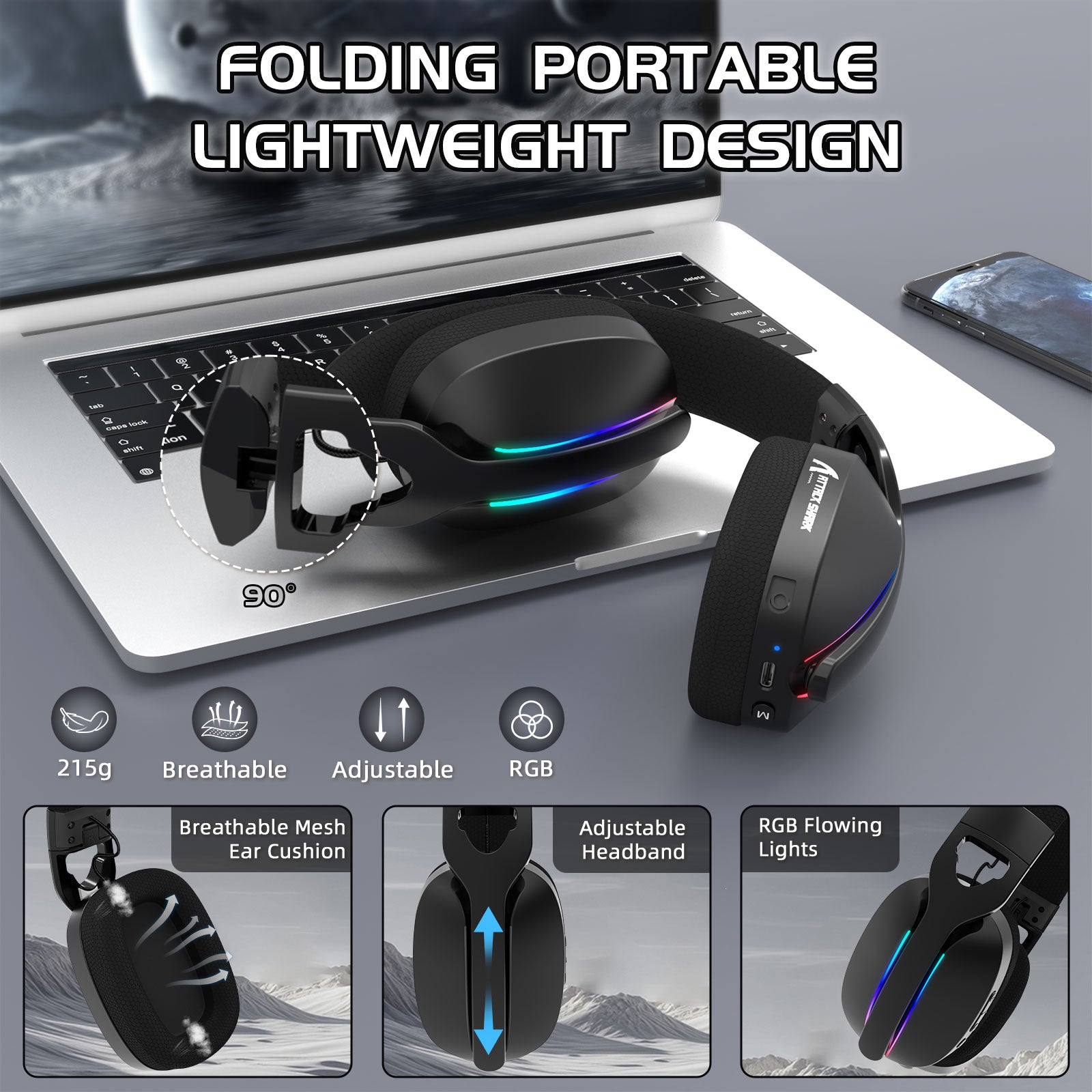 ATTACK SHARK L90 składany RGB Ultra-lekki trójtrybowy zestaw słuchawkowy gamingowy