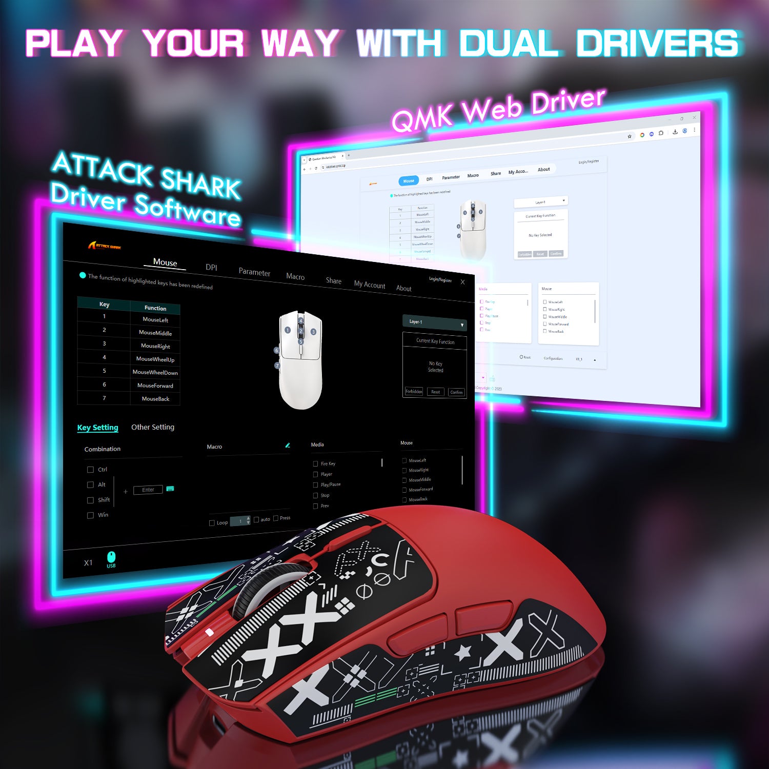 ATTACK SHARK X1 gaming mouse side view with textured grip and RGB lighting accents