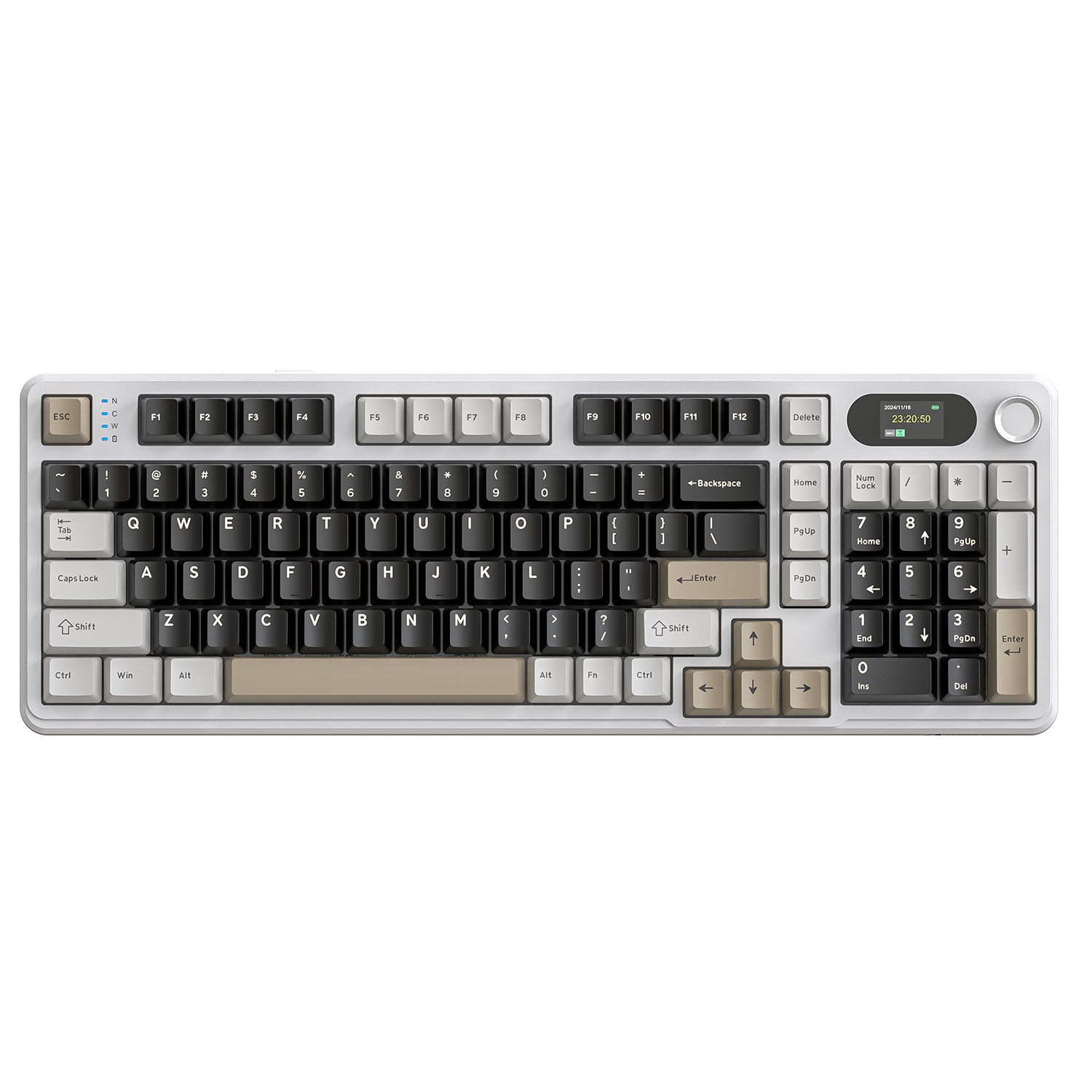 ATTACK SHARK X98PRO wireless gaming keyboard with white, black, and brown keycaps, displaying time on LED screen.