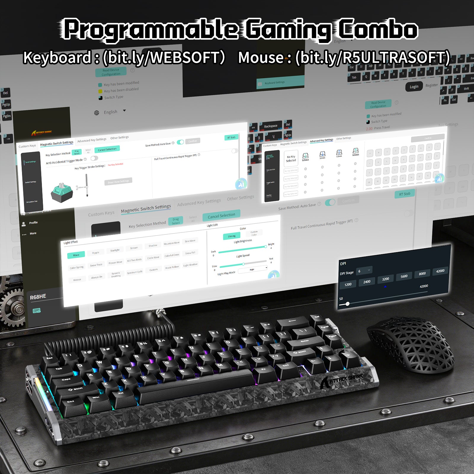 ATTACK SHARK R68 HE & R5 ULTRA Zestaw gamingowy z włókna węglowego z kablem C01 ULTRA w oplocie
