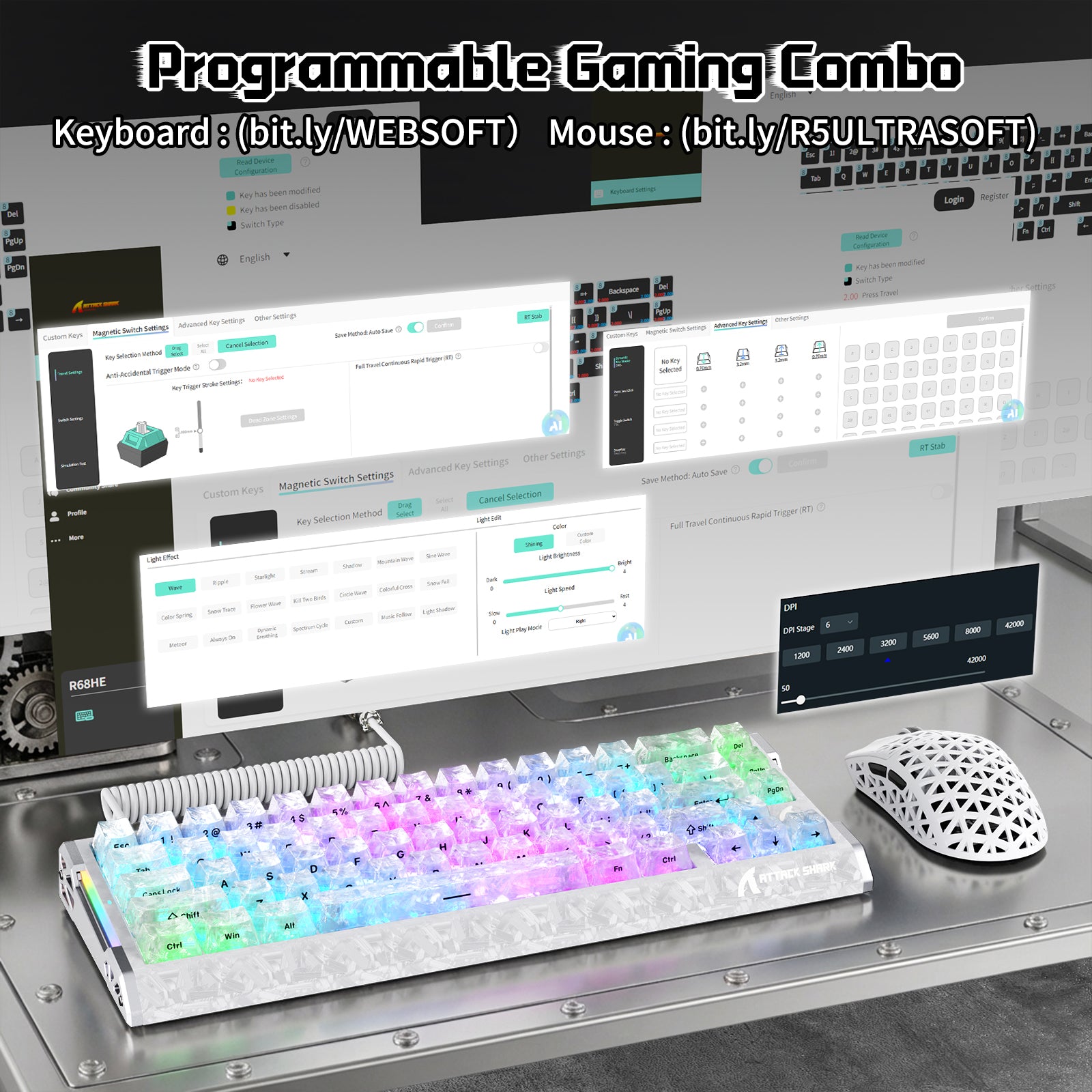 ATTACK SHARK R68 HE & R5 ULTRA Zestaw gamingowy z włókna węglowego z kablem C01 ULTRA w oplocie