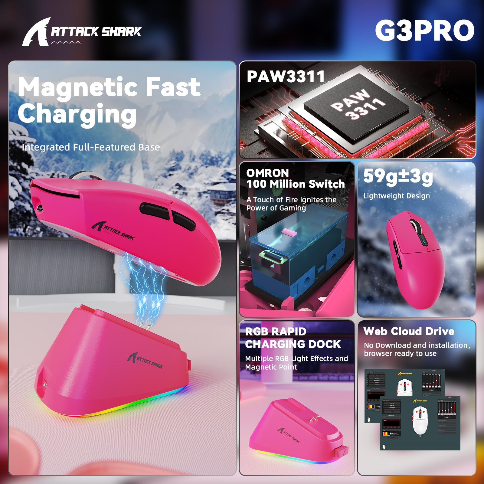 ATTACK SHARK G3 PRO Tri-mode bezprzewodowa mysz gamingowa z dokiem ładującym 25000 DPI Ultra lekka