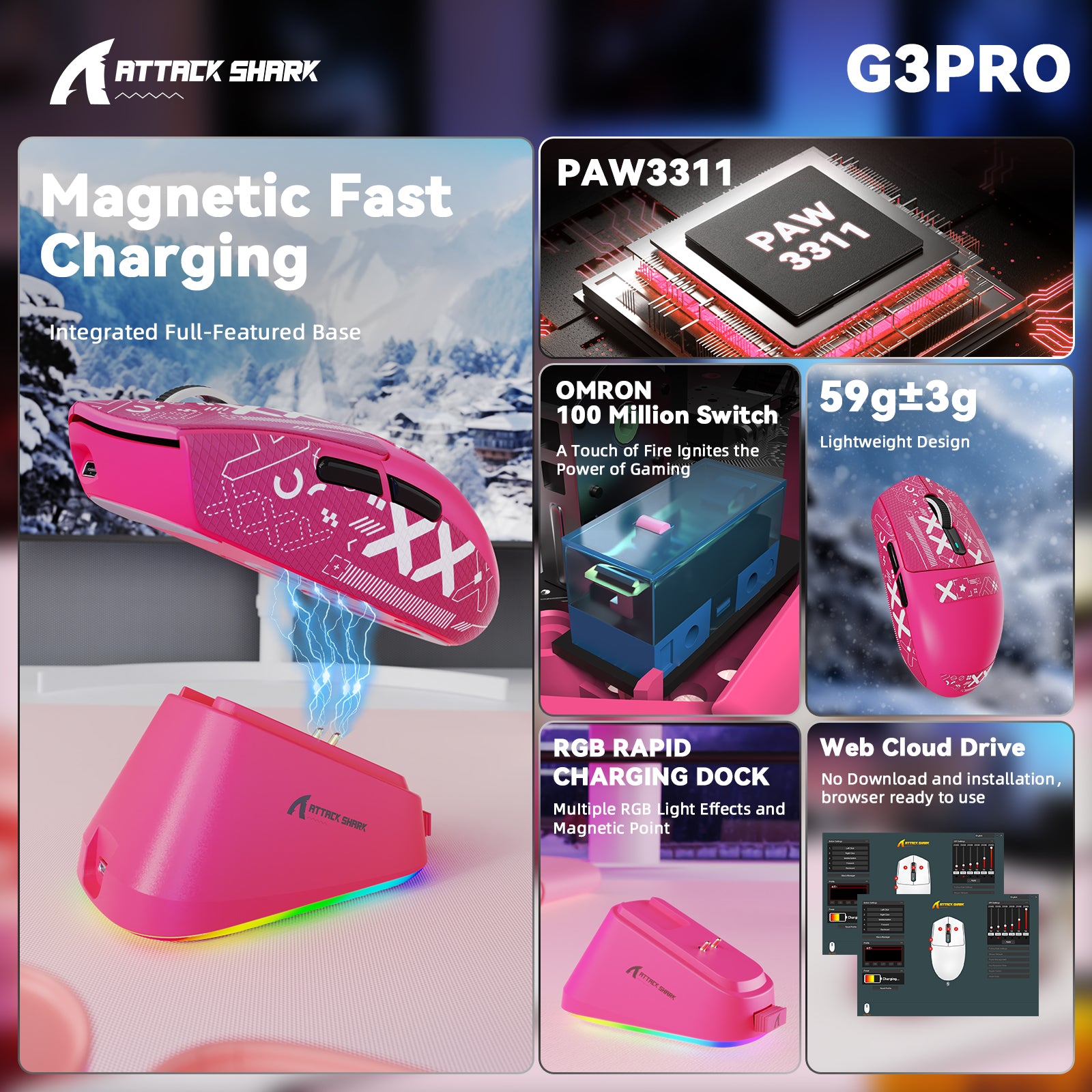 ATTACK SHARK G3 PRO Tri-mode bezprzewodowa mysz gamingowa z dokiem ładującym 25000 DPI Ultra lekka