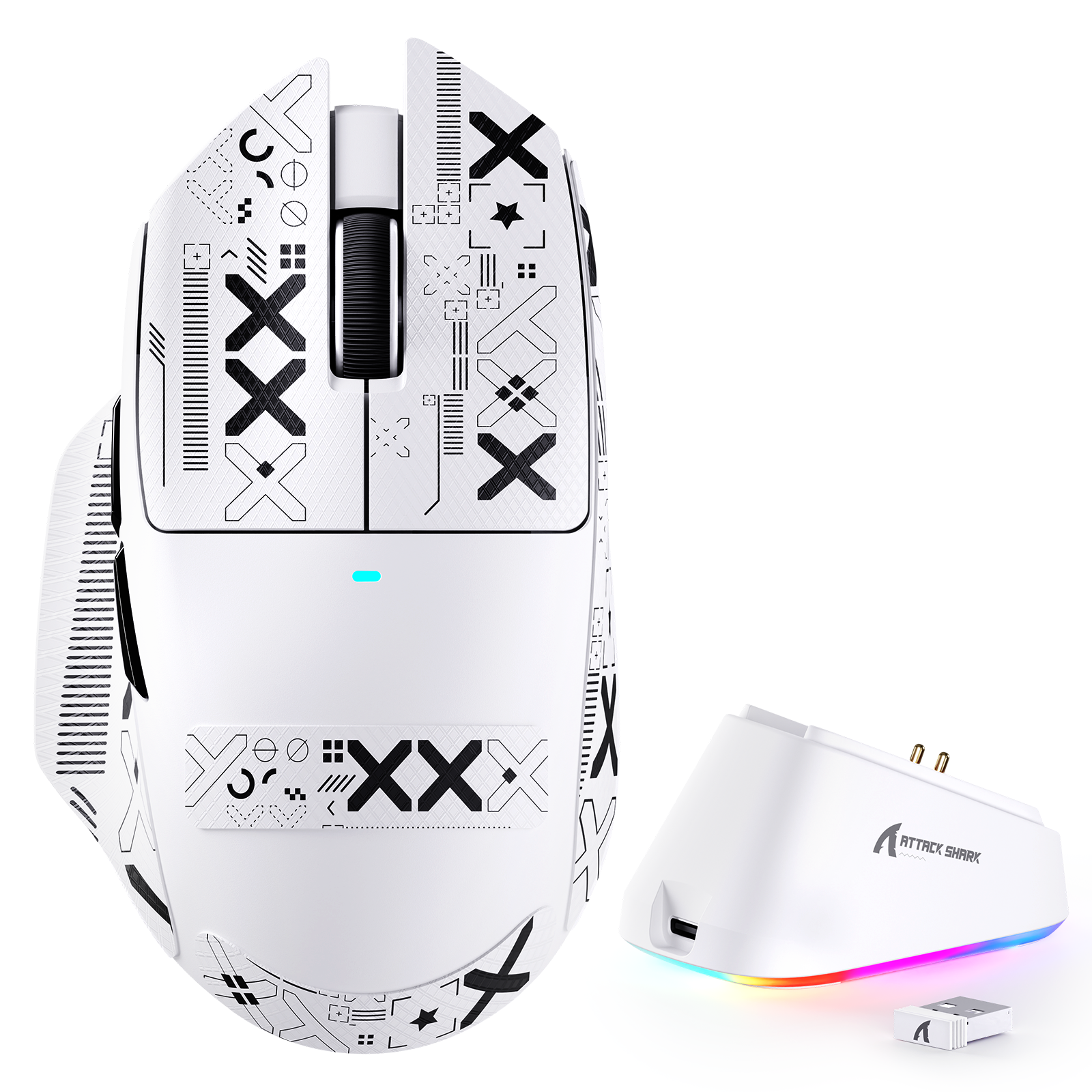 Black ATTACK SHARK V6 ultra-light tri-mode gaming mouse with perforated shell and RGB lighting