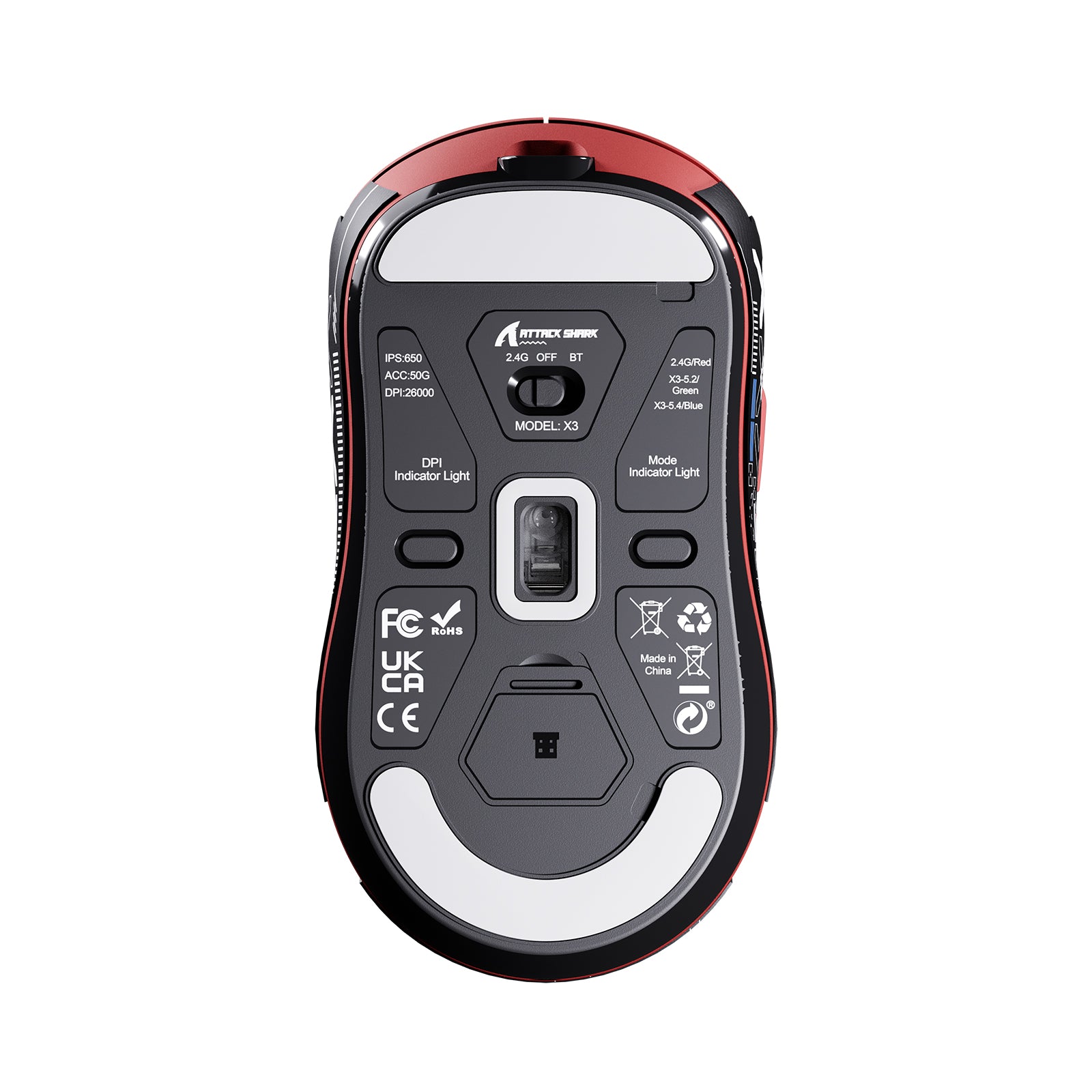 ATTACK SHARK X3 Wireless Gaming Mouse bottom view, showing model details, 2.4G/BT options, and DPI indicator light.