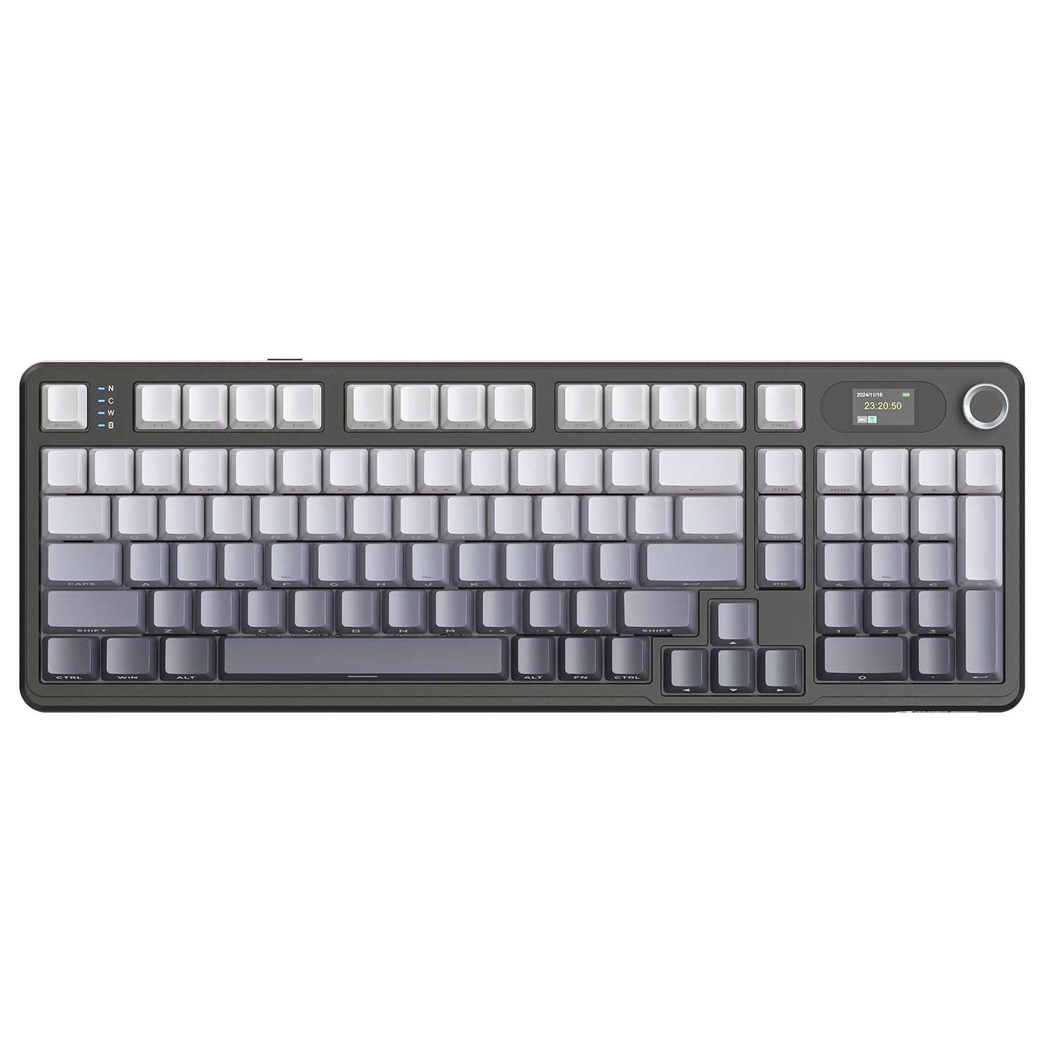 ATTACK SHARK X98PRO gaming keyboard, showing time (23:20:50) and date on LED screen, volume knob.