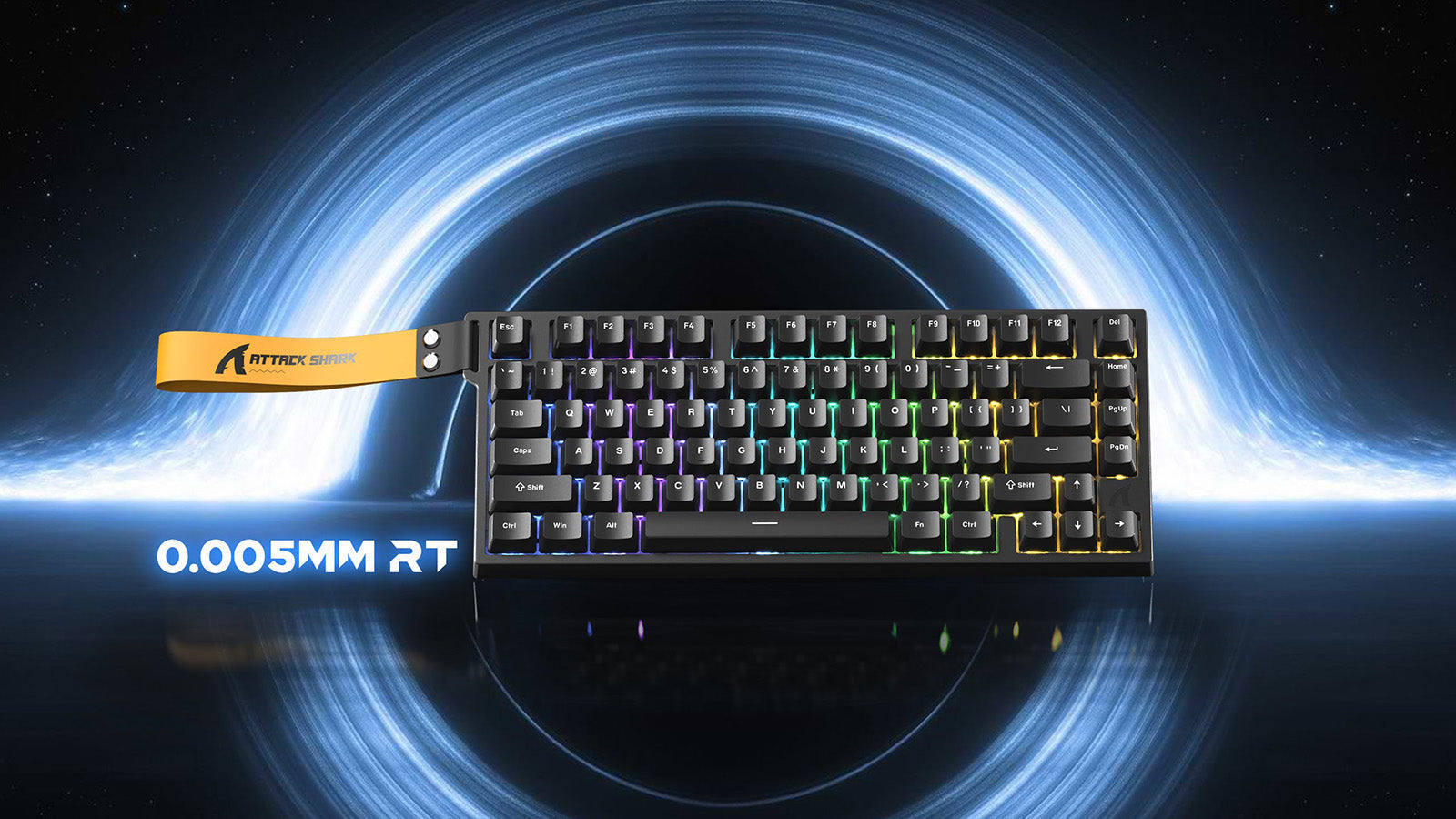 A black Attack Shark mechanical keyboard with RGB backlighting displayed against a cosmic blue background