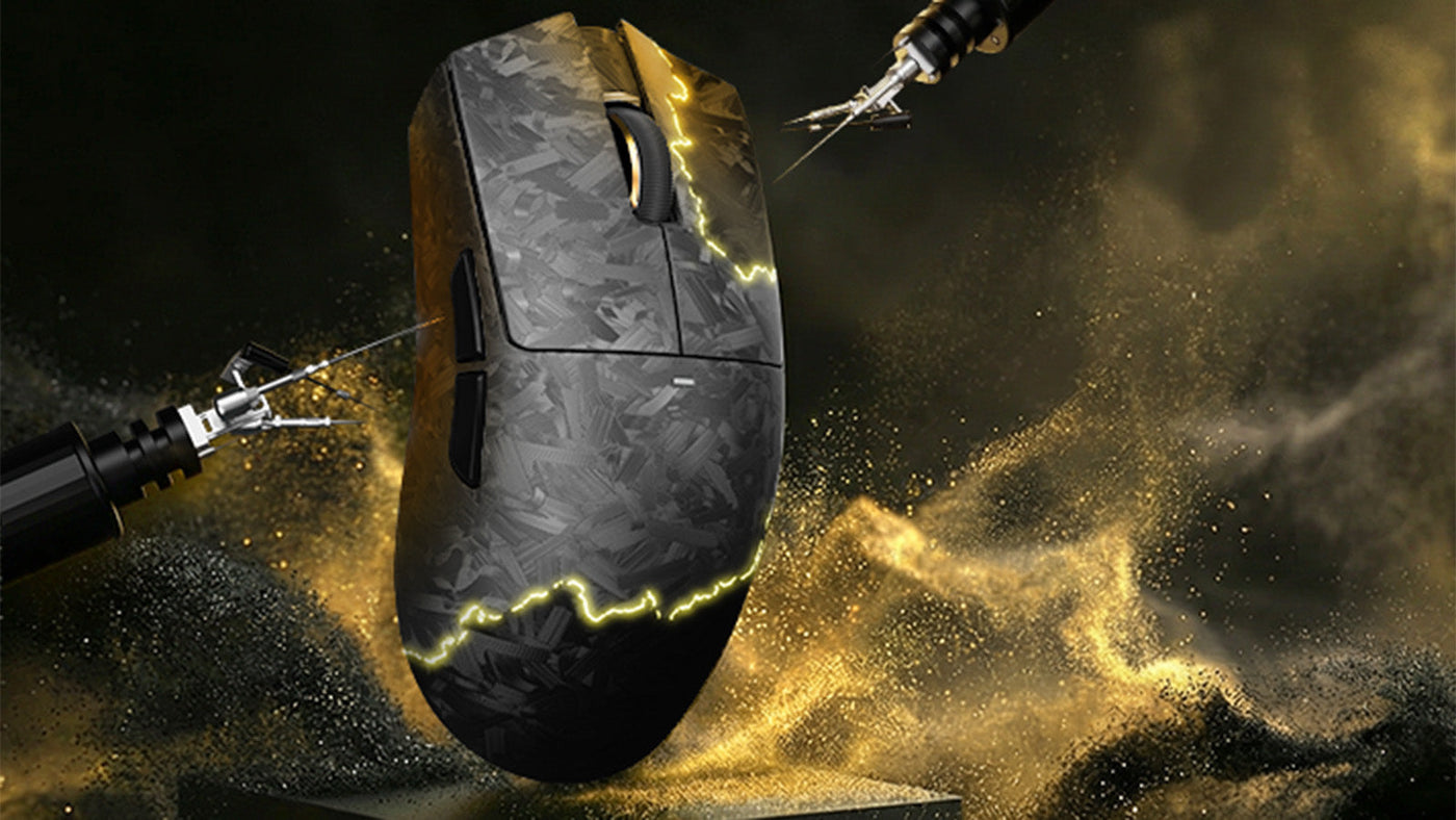 ATTACK SHARK black gaming mouse with gold visual effects on a dark textured background