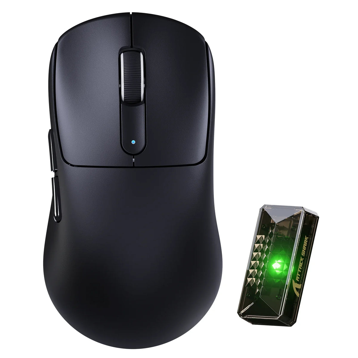 ATTACK SHARK V5 wireless gaming mouse presented on a gaming desk beside a keyboard