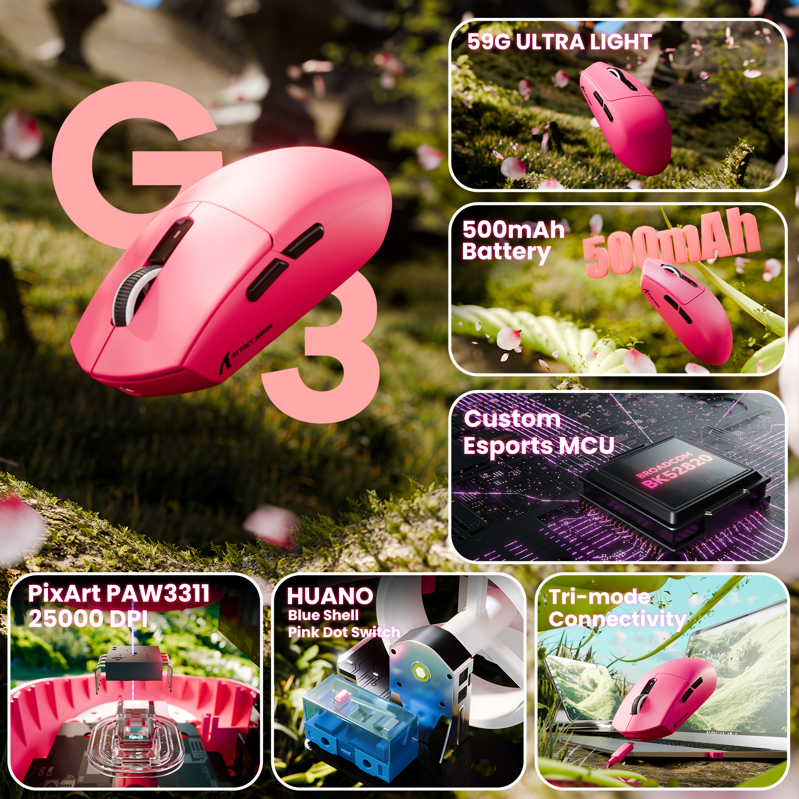 ATTACK SHARK G3 Tri-mode Bezprzewodowa mysz do gier 25000 DPI Ultra lekka