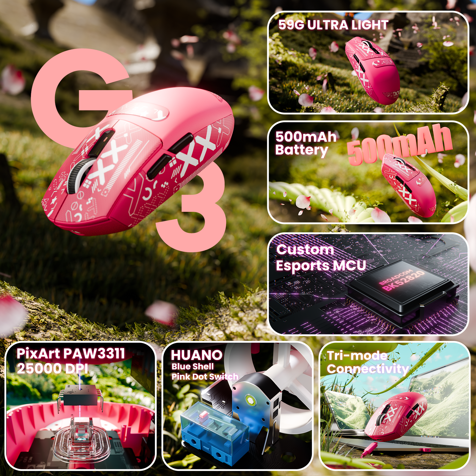 ATTACK SHARK G3 Tri-mode Bezprzewodowa mysz do gier 25000 DPI Ultra lekka
