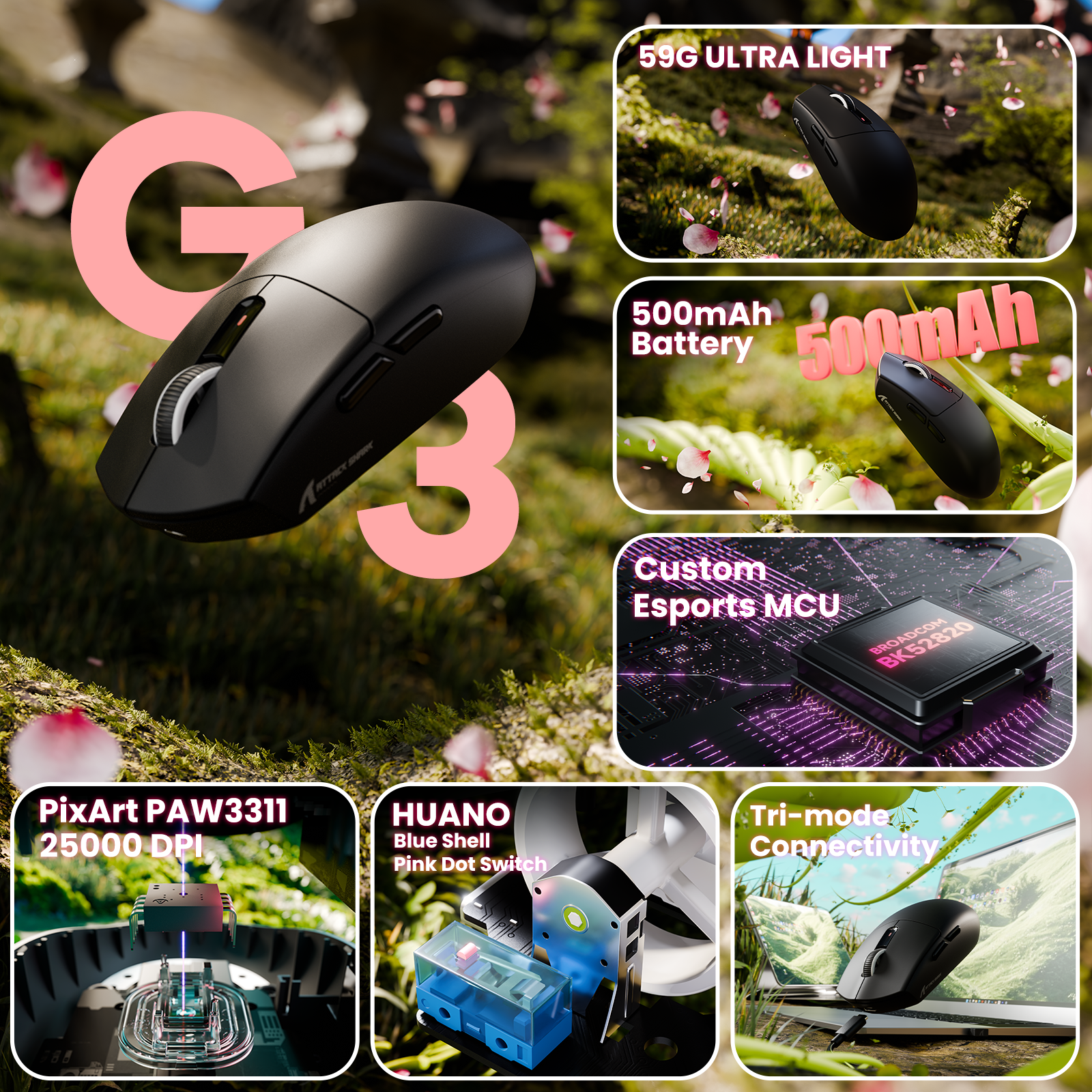 ATTACK SHARK G3 Tri-mode Bezprzewodowa mysz do gier 25000 DPI Ultra lekka