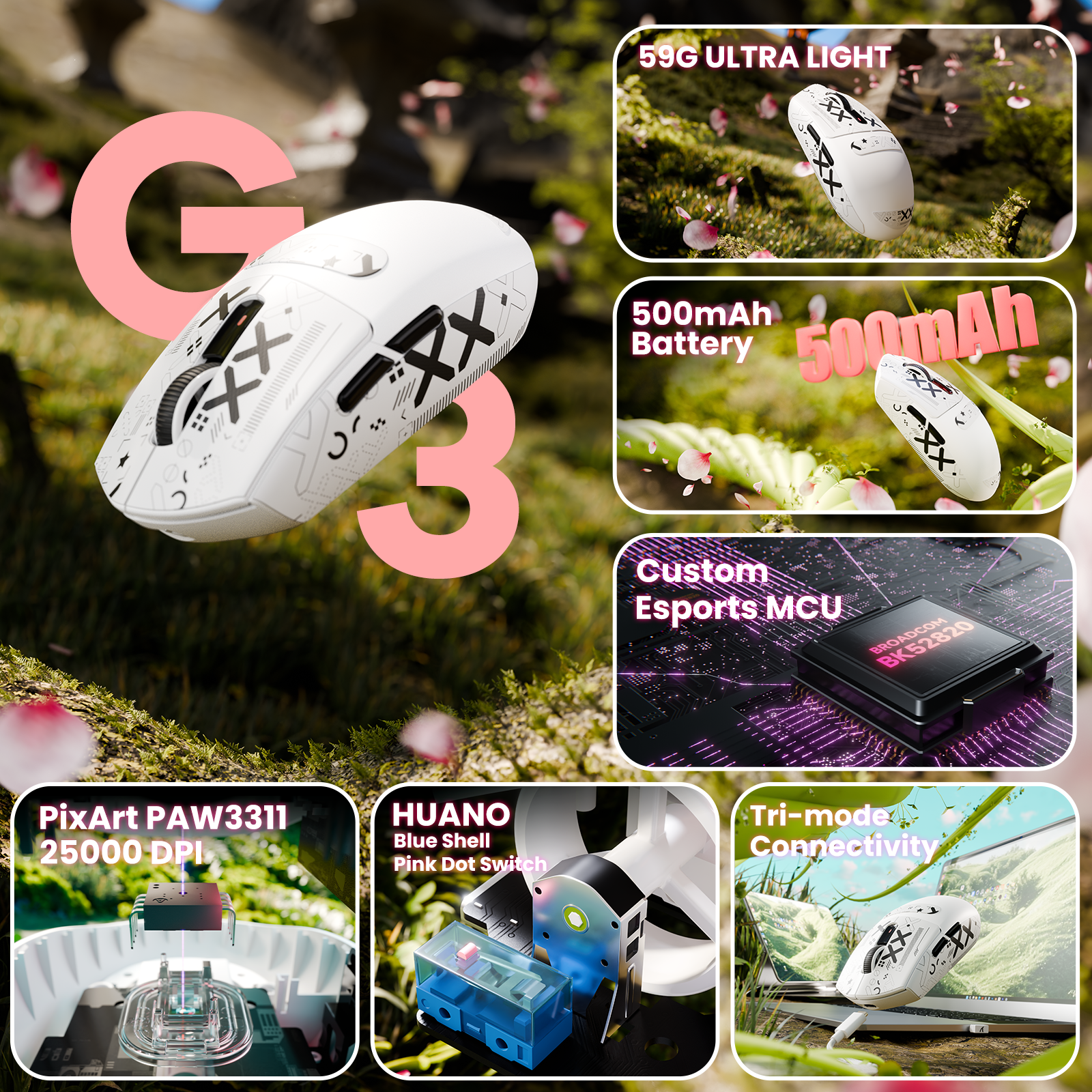 ATTACK SHARK G3 Tri-mode Bezprzewodowa mysz do gier 25000 DPI Ultra lekka
