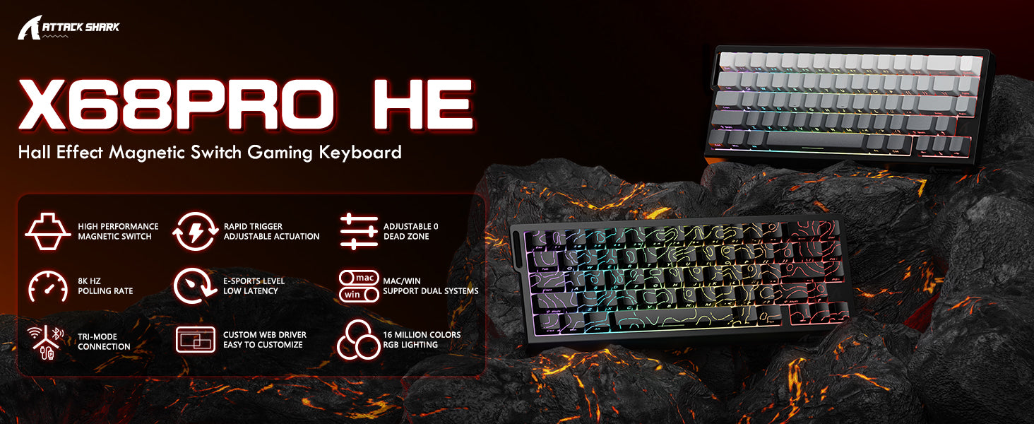 ATTACK SHARK X68PRO HE Bezprzewodowa Klawiatura Rapid Trigger ze Spiralnym Kablem