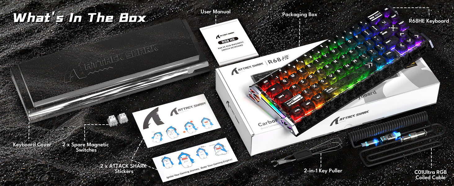 ATTACK SHARK R68 HE Carbon Fiber Wired Rapid Trigger Magnetic Switch Keyboard With C01 Ultra RGB Coiled Cable