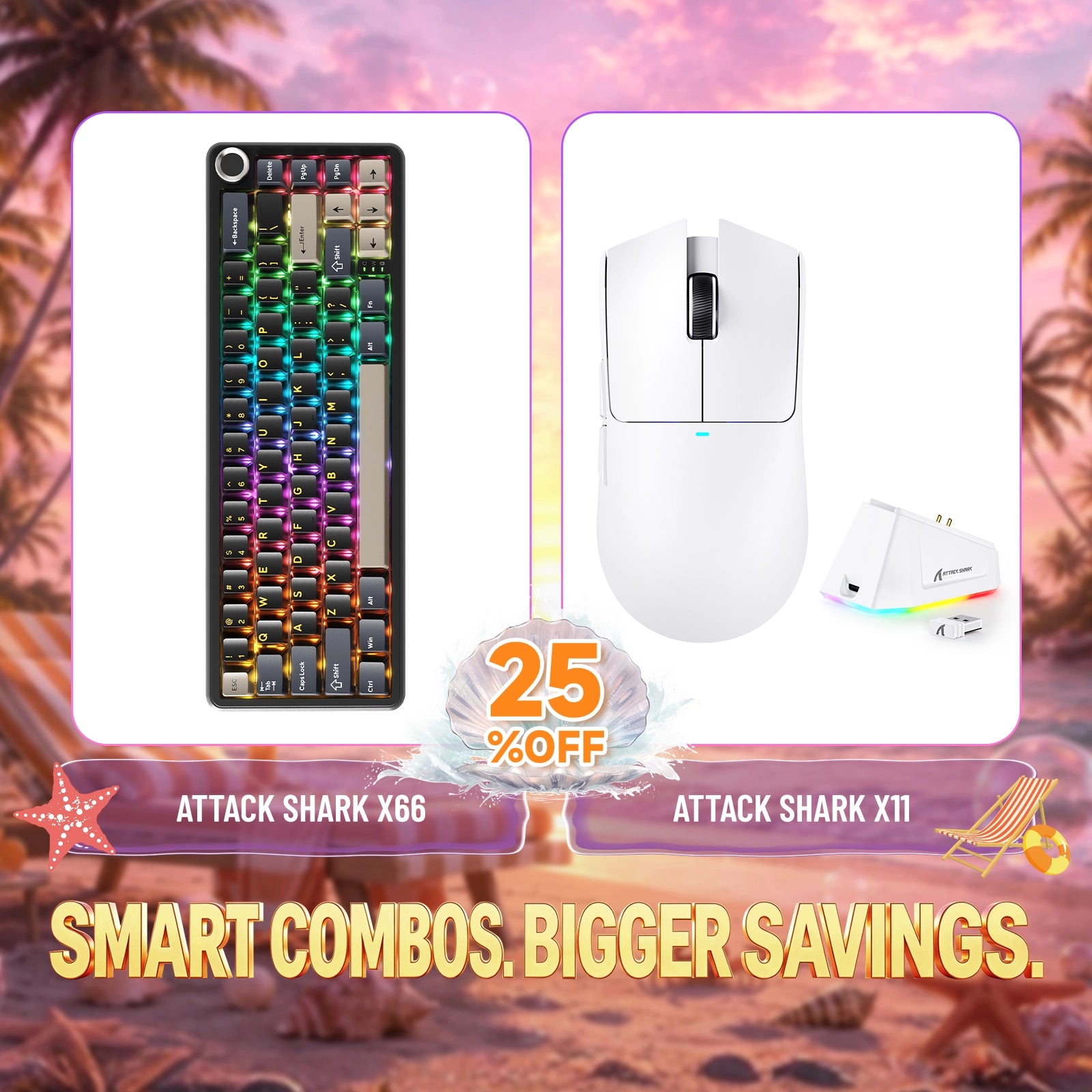 ATTACK SHARK X66 compact RGB mechanical keyboard and X11 white wireless gaming mouse bundle