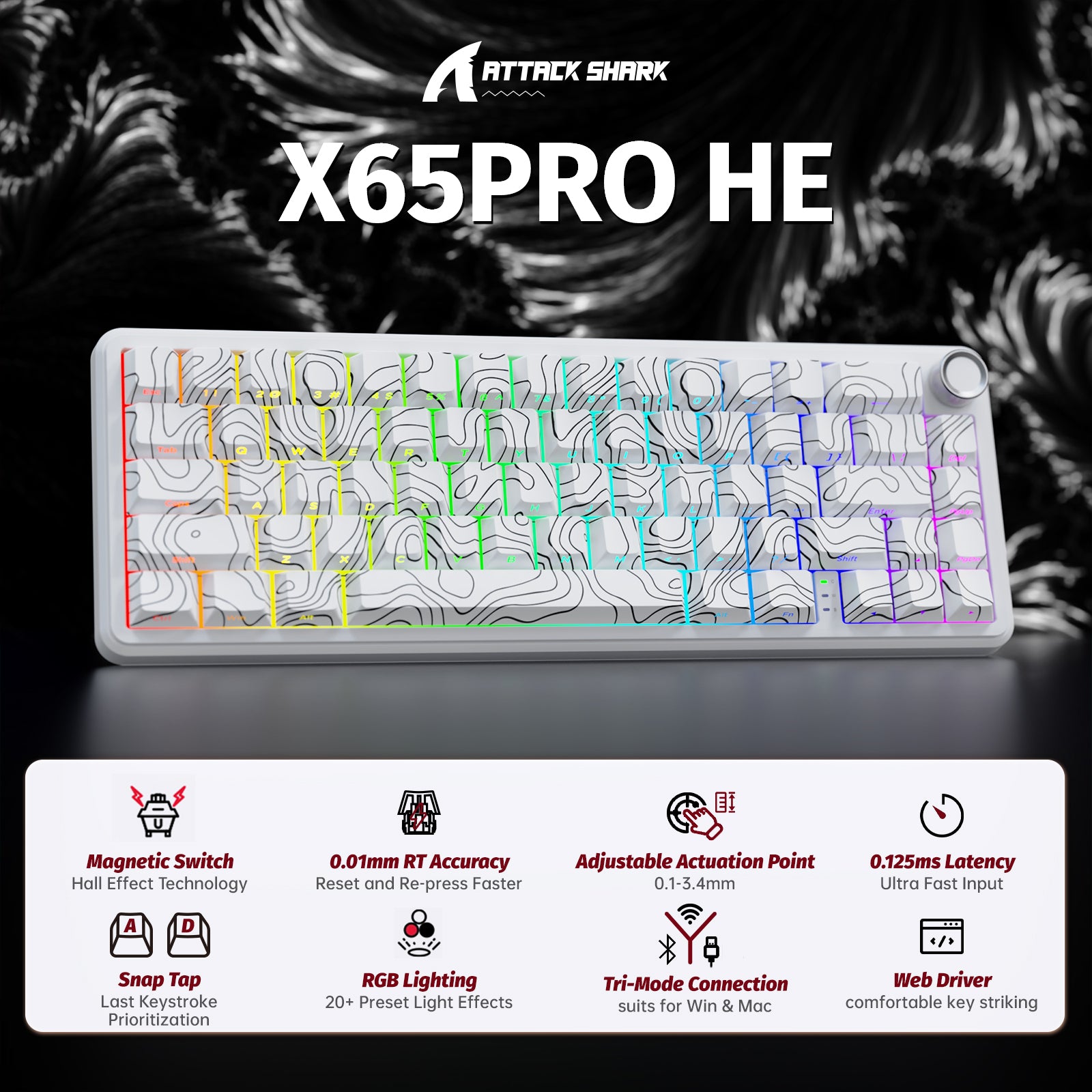 ATTACK SHARK X65PRO HE Bezprzewodowa Klawiatura z Magnetycznym Przełącznikiem Rapid Trigger