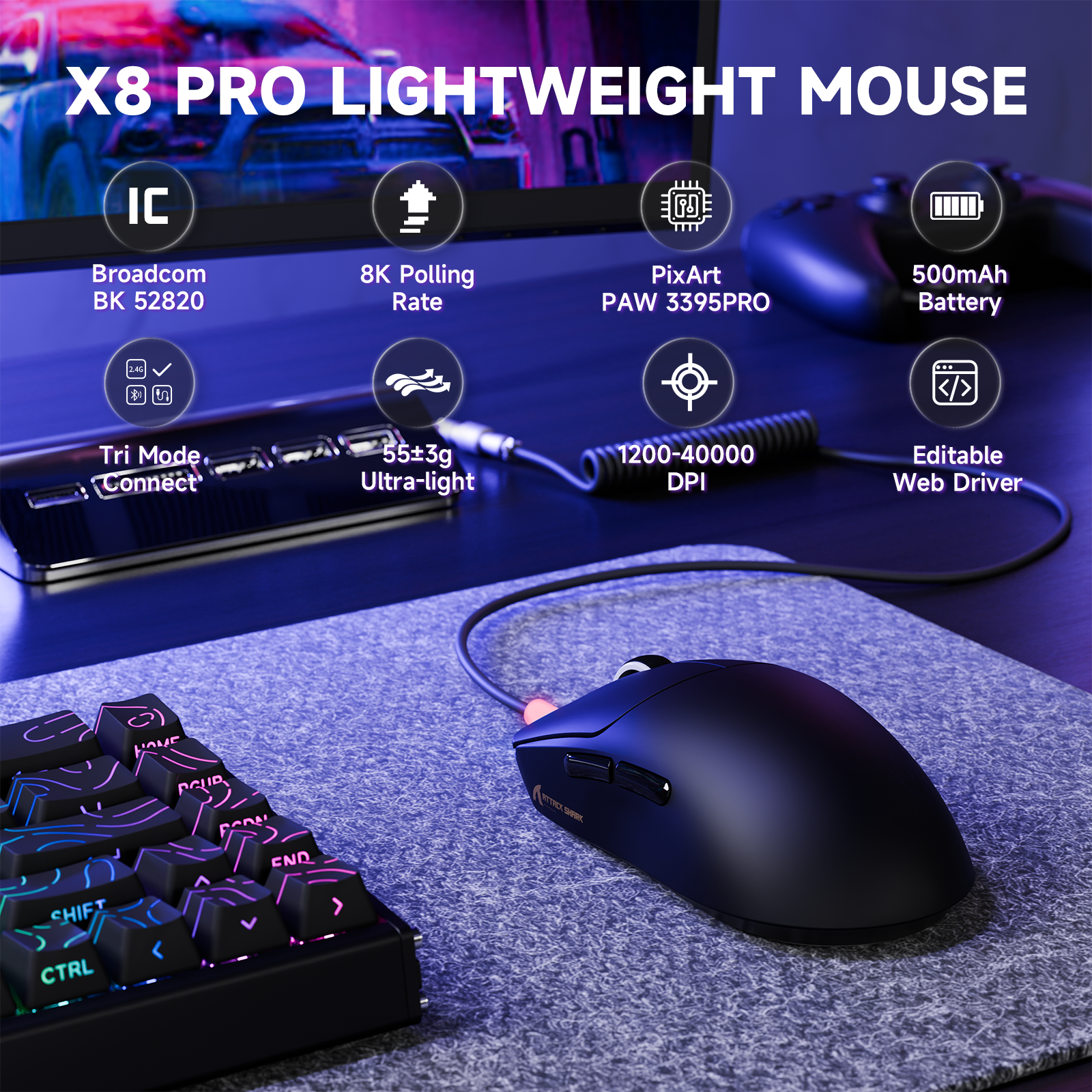 ATTACK SHARK X8PRO Ultra lekka bezprzewodowa mysz gamingowa z kablem C06ULTRA
