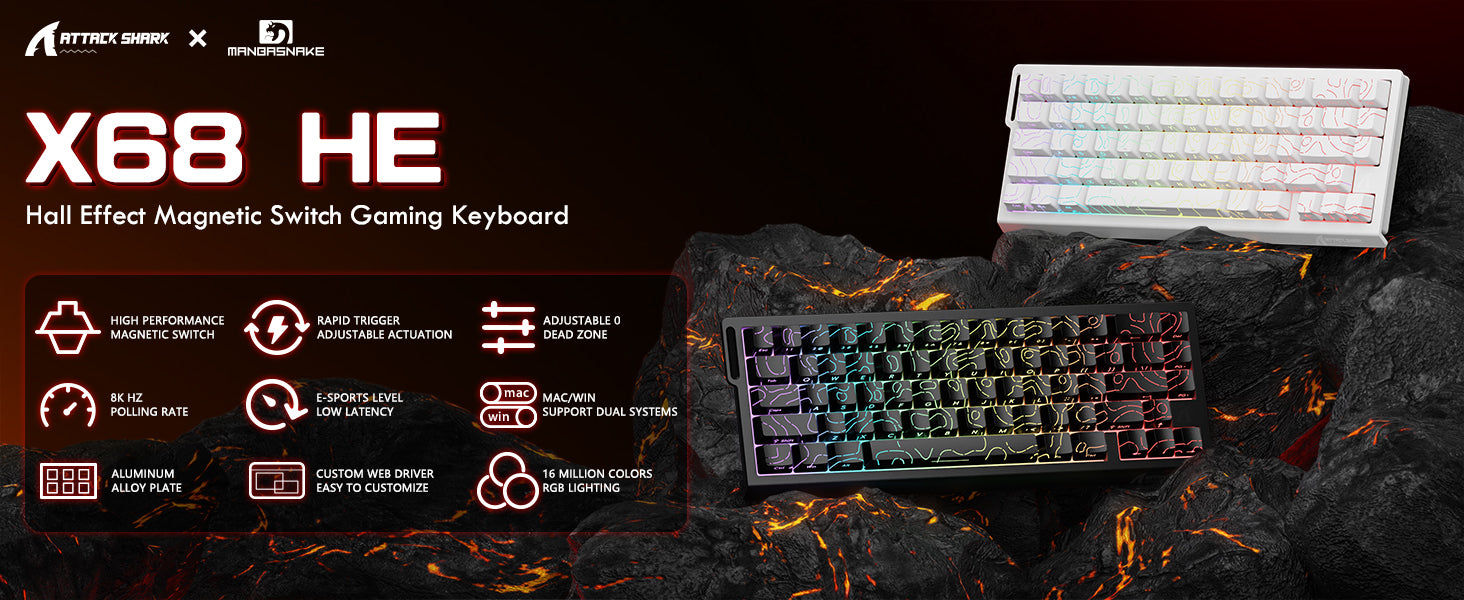 ATTACK SHARK X68 HE Klawiatura z Magnetycznym Przełącznikiem Rapid Trigger ze Spiralnym Kablem C01PRO