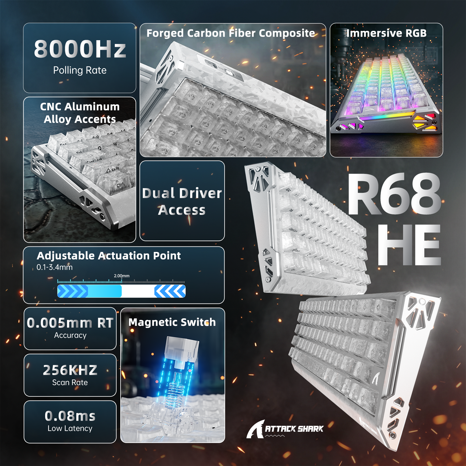 ATTACK SHARK R68 HE Carbon Fiber Rapid Trigger Klawiatura z magnetycznym przełącznikiem