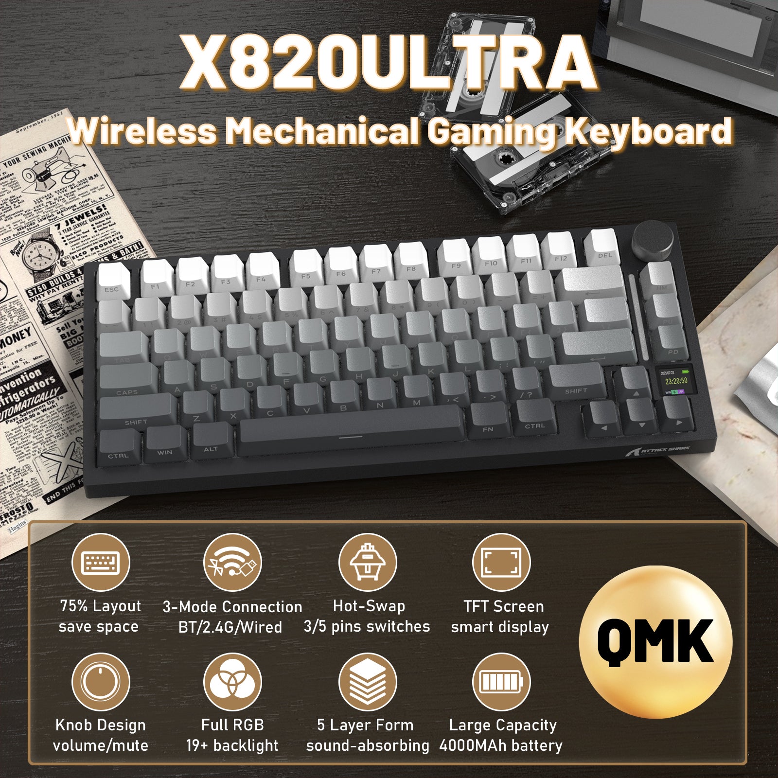 ATTACK SHARK X820ULTRA Mechaniczna klawiatura z kablem C01ULTRA w oplocie