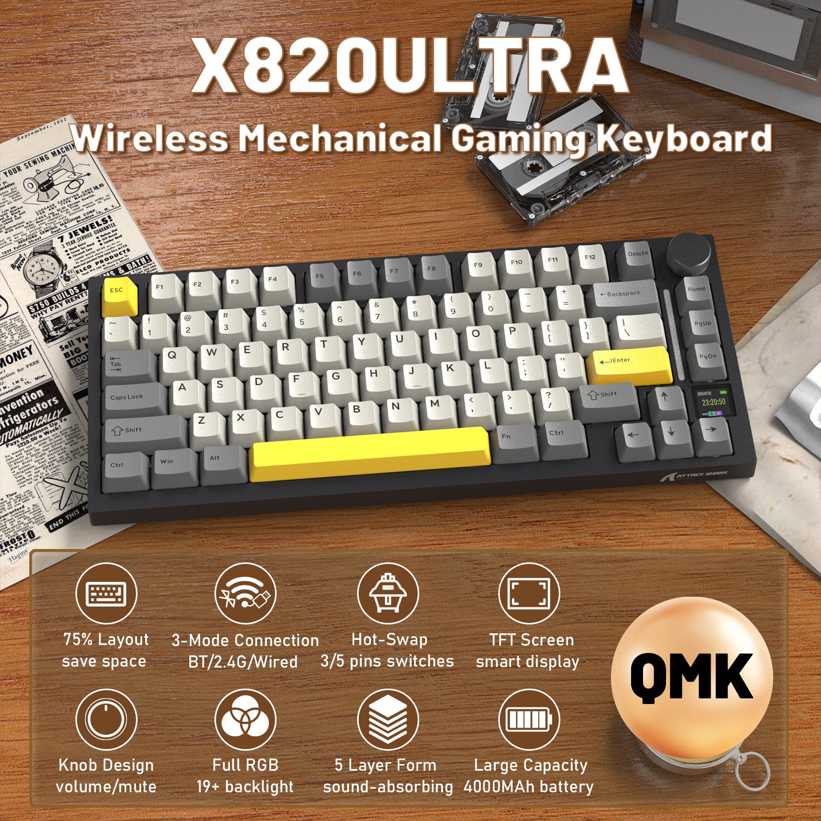 ATTACK SHARK X820ULTRA Mechaniczna klawiatura z kablem C01ULTRA w oplocie
